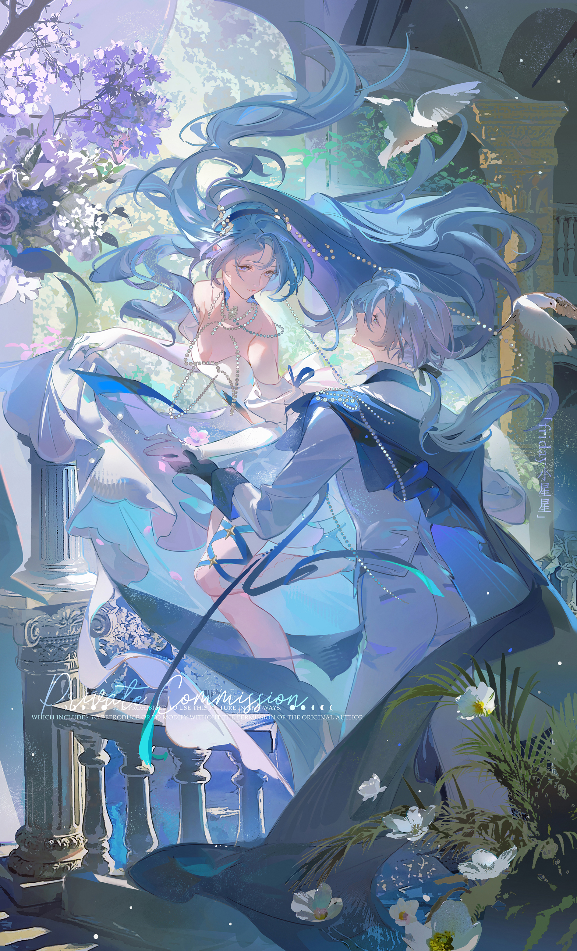 friday xiao xingxing, original, absurdres, highres, 1boy, 1girl, blue cape, blue eyes, blue hair, breasts, cape, cleavage, closed mouth, colored inner hair, couple, dress, elbow gloves, eyelashes, floating hair, gloves, hetero, lips, long hair, long sleeves, looking at another, low ponytail, multicolored hair, pants, parted bangs, ponytail, profile, very long hair, white dress, white gloves, white pants