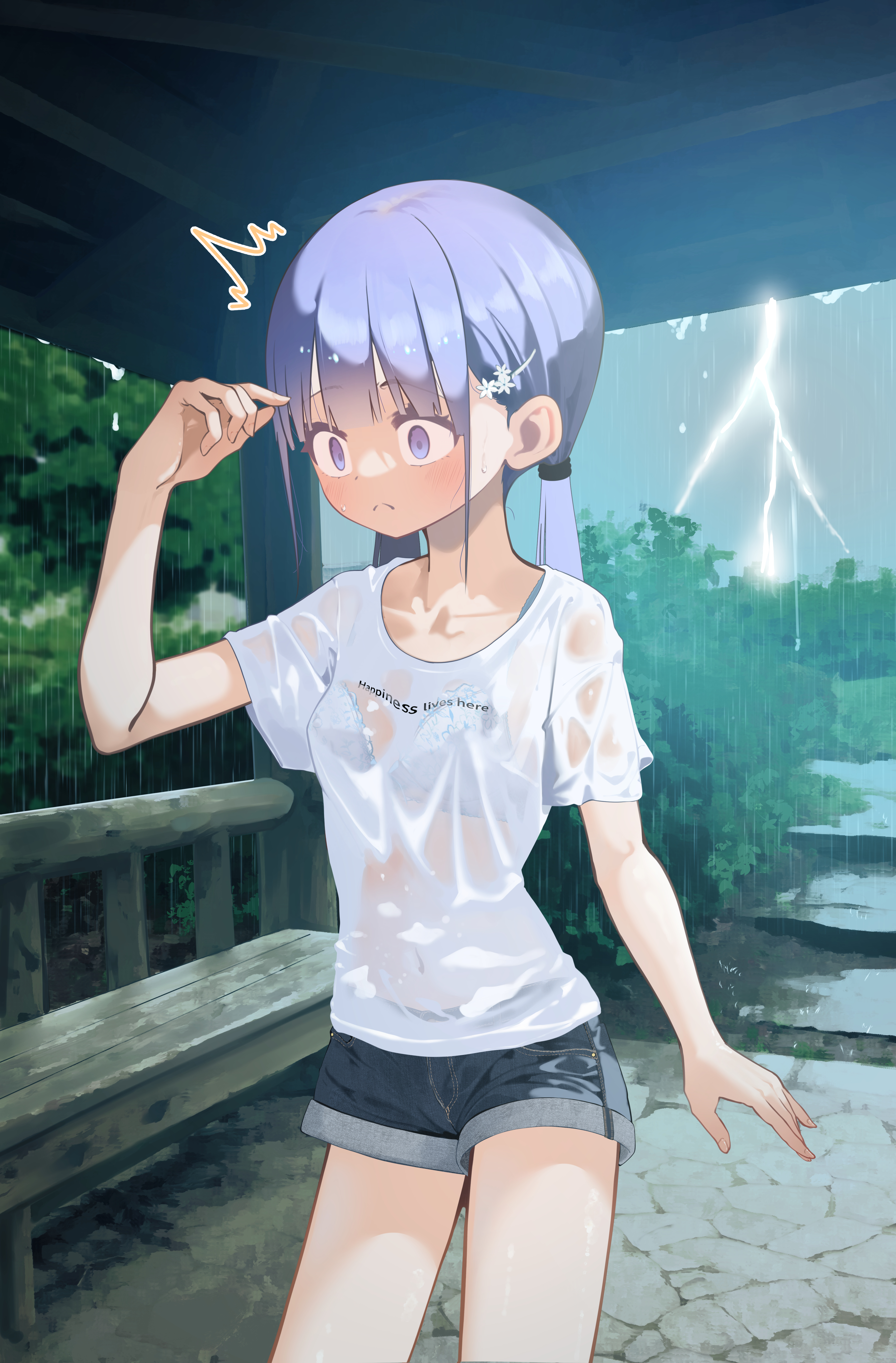 pei iriya, hayakawa sena (pei iriya), original, absurdres, commentary request, highres, paid reward available, 1girl, arm up, bench, blue eyes, blue shorts, blush, bra, bra visible through clothes, breasts, closed mouth, clothes writing, collarbone, covered navel, denim, denim shorts, furrowed brow, hair ornament, lightning, long hair, outdoors, purple hair, rain, see-through clothes, see-through shirt, shirt, short sleeves, shorts, solo, standing, t-shirt, twintails, underwear, wet, wet clothes, wet shirt, white bra, wooden bench