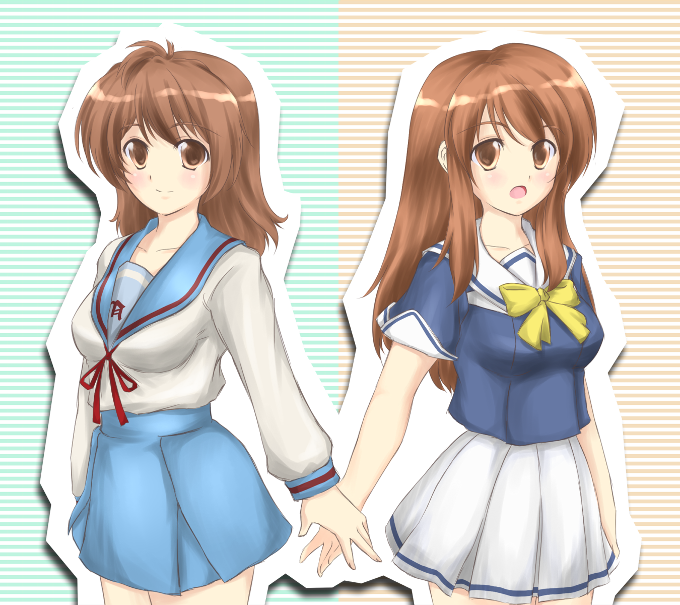 hibana junkei, asahina mikuru, gotou yuuko, tomosaka tsubame, sorairo, suzumiya haruhi no yuuutsu, highres, back-to-back, brown eyes, brown hair, cosplay, costume switch, crossover, long hair, school uniform, serafuku, voice actor connection