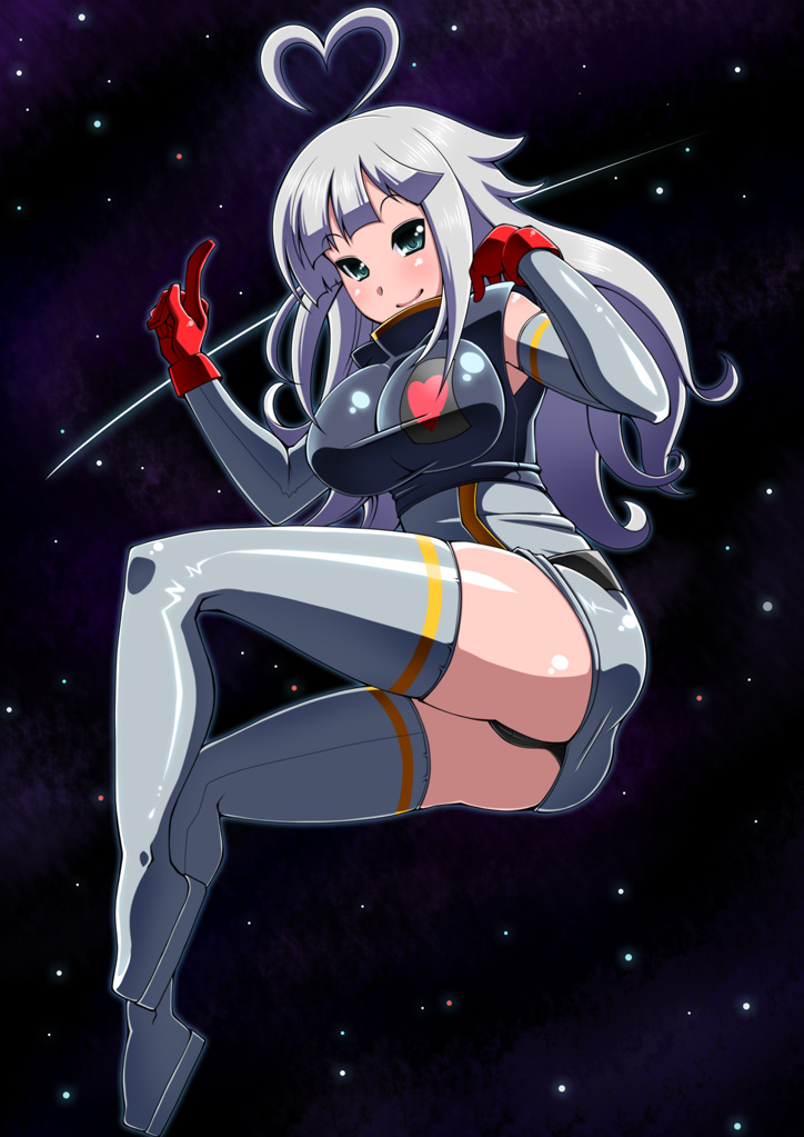 satsuki imonet, 1girl, ahoge, ass, boots, breasts, female focus, gloves, grey hair, heart, heart ahoge, large breasts, panties, pantyshot, skin tight, solo, space, thigh boots, thighhighs, underwear