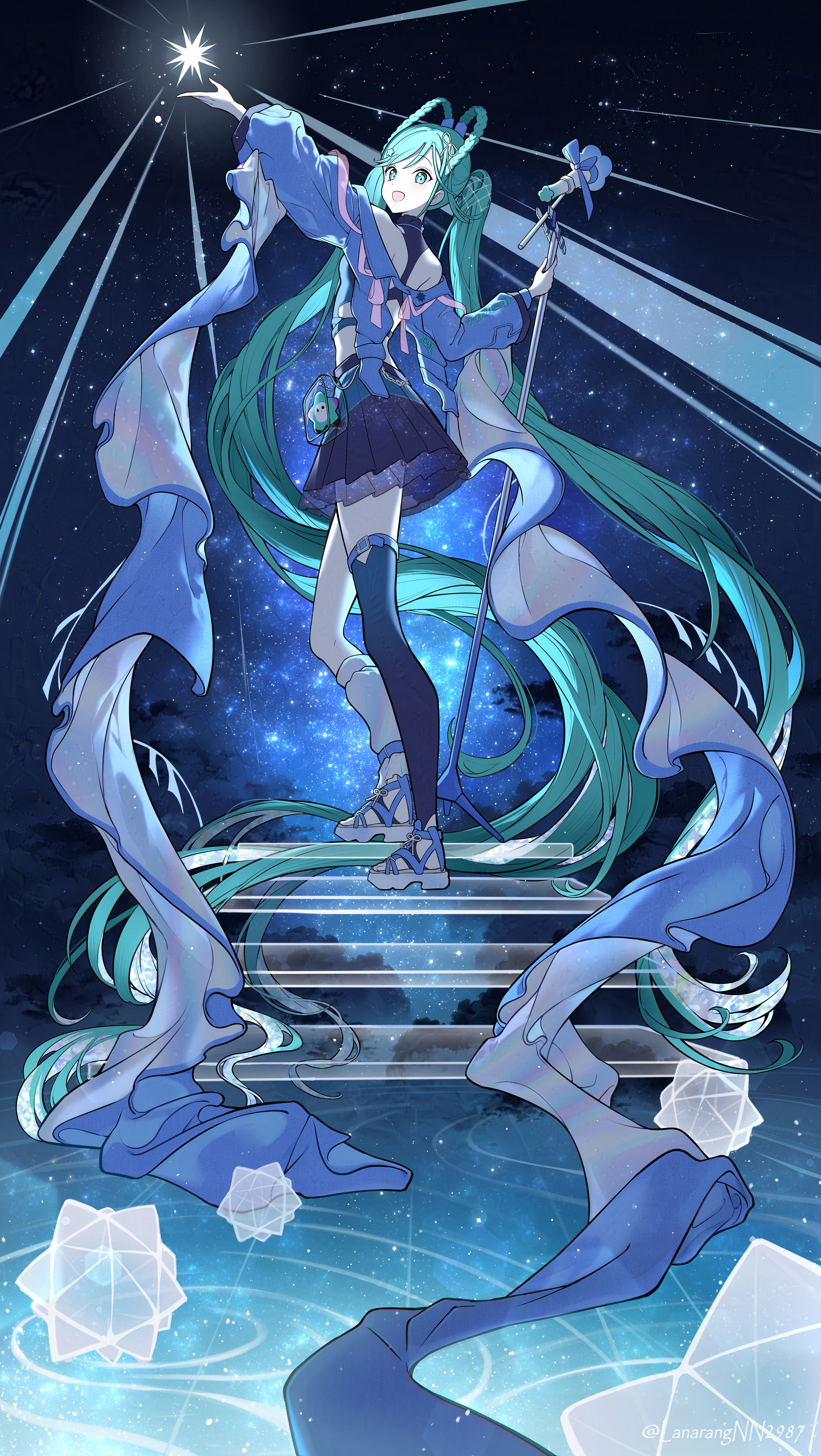 murupuru 22, hatsune miku, magical mirai miku, magical mirai miku (2025), magical mirai (vocaloid), vocaloid, absurdres, commentary request, highres, 1girl, aqua eyes, aqua hair, aqua nails, blue jacket, blue thighhighs, braid, braided hair rings, full body, hair between eyes, hair ornament, hair rings, holding, holding microphone stand, jacket, leg warmers, legs, long hair, long sleeves, looking at viewer, looking back, lustrous (vocaloid), microphone stand, night, official alternate costume, official alternate hairstyle, open mouth, ripples, single leg warmer, single thighhigh, sky, small stellated dodecahedron, smile, solo, standing, star (sky), star (symbol), starry sky, thighhighs, twintails, very long hair