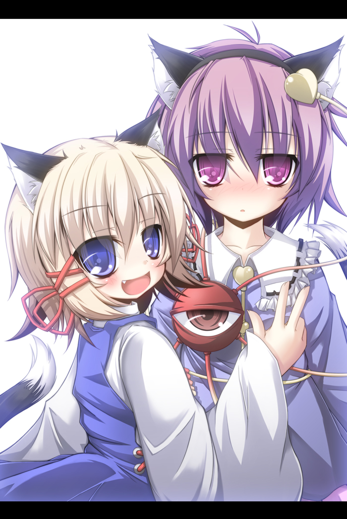 futase hijiri, sousera kiyoshi, komeiji satori, moriya suwako, touhou, 2girls, animal ears, blonde hair, blue eyes, cat ears, cat girl, fang, female focus, kemonomimi mode, letterboxed, multiple girls, purple eyes, purple hair, short hair