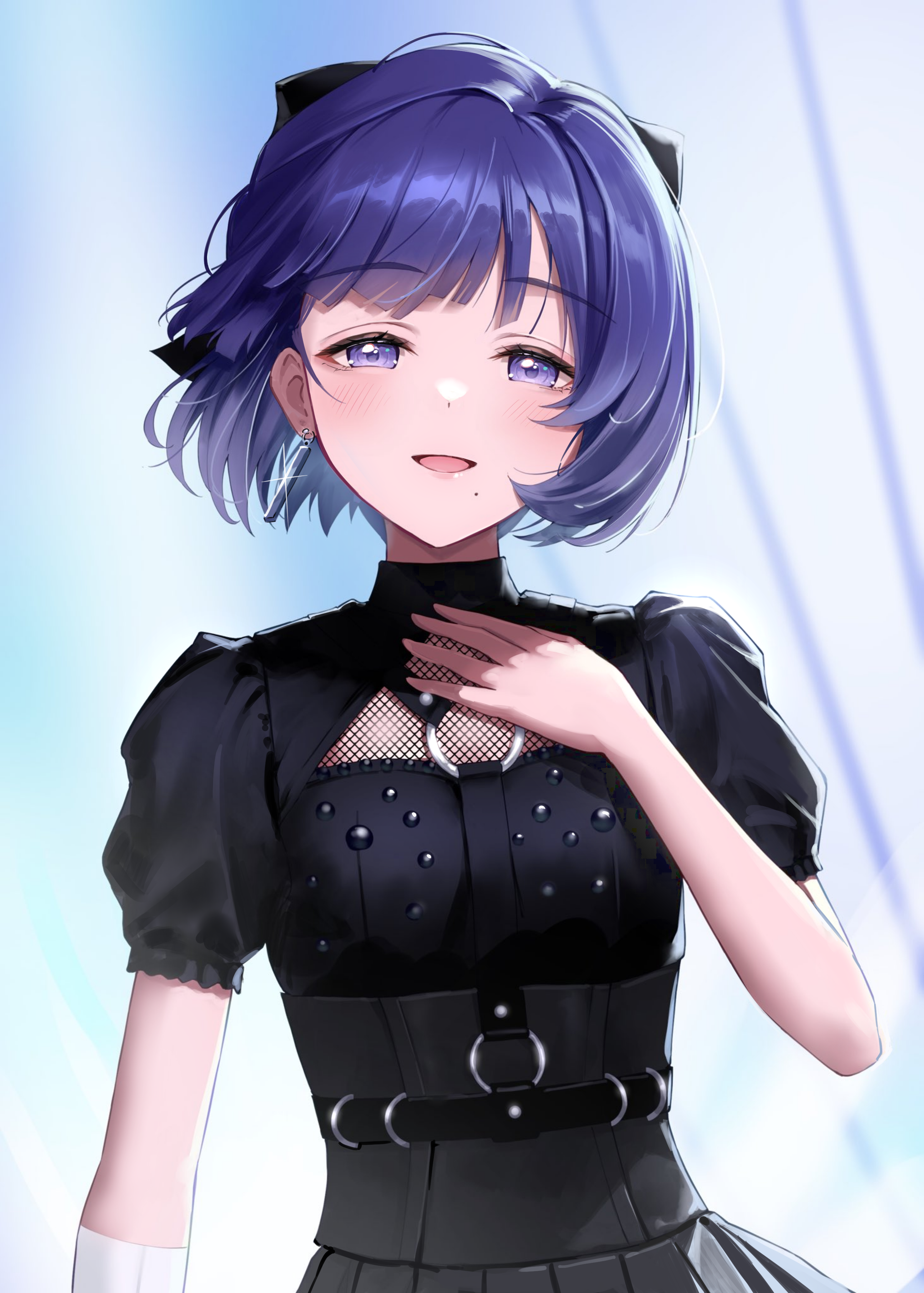 enu illustip, hataya misuzu, gakuen idolmaster, idolmaster, absurdres, commentary, highres, 1girl, black dress, blunt bangs, blush, bodice, dress, hand on own chest, looking at viewer, mole, mole under mouth, open mouth, puffy short sleeves, puffy sleeves, purple hair, short sleeves, smile, solo, sparkle