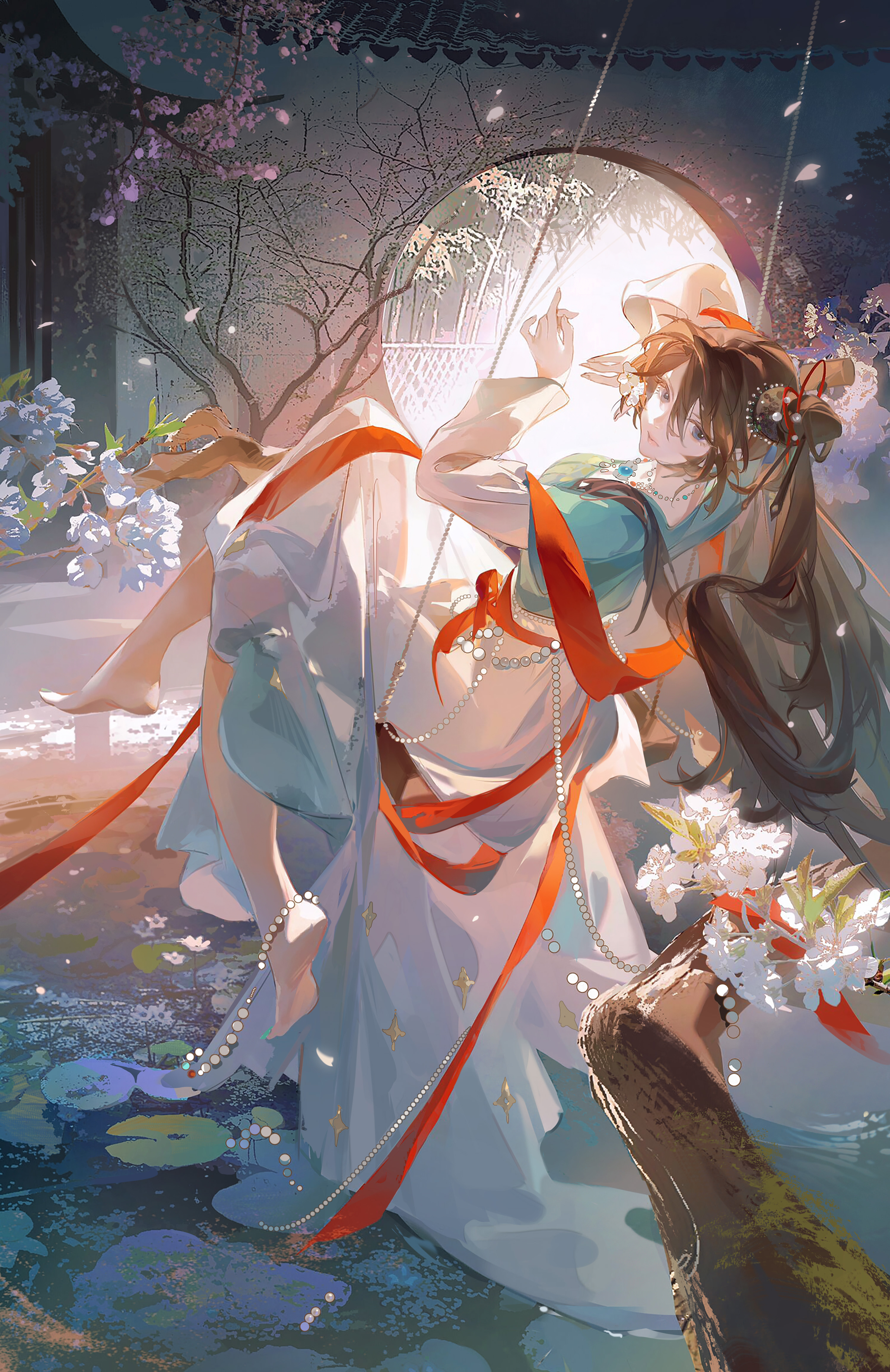 friday xiao xingxing, original, absurdres, highres, 1girl, barefoot, beads, brown hair, cherry blossoms, chinese clothes, closed mouth, falling petals, fingernails, flower, full body, grey eyes, hair flower, hair ornament, hanfu, jewelry, lily pad, lips, long hair, long sleeves, looking at viewer, necklace, on swing, orange shawl, petals, shawl, sitting, solo, swing, tile roof, twintails, water, white flower
