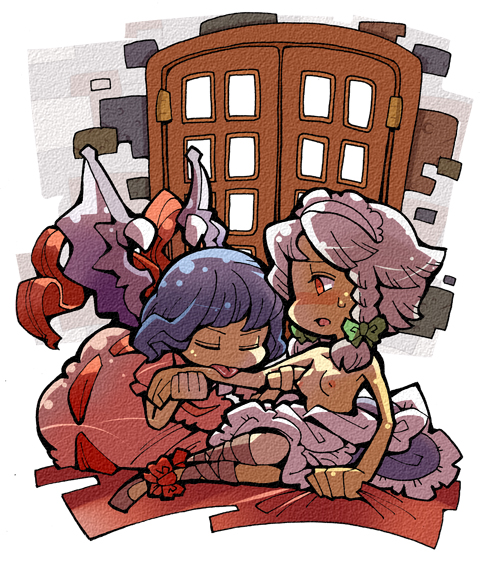 hounori, izayoi sakuya, remilia scarlet, touhou, silver hair, bad id, bad pixiv id, 2girls, apron, bat wings, blush, breasts, chibi, female focus, licking, looking at another, maid, maid apron, maid headdress, multiple girls, open mouth, puffy short sleeves, puffy sleeves, red eyes, short hair, short sleeves, small breasts, sweatdrop, tongue, topless female, wings, yuri