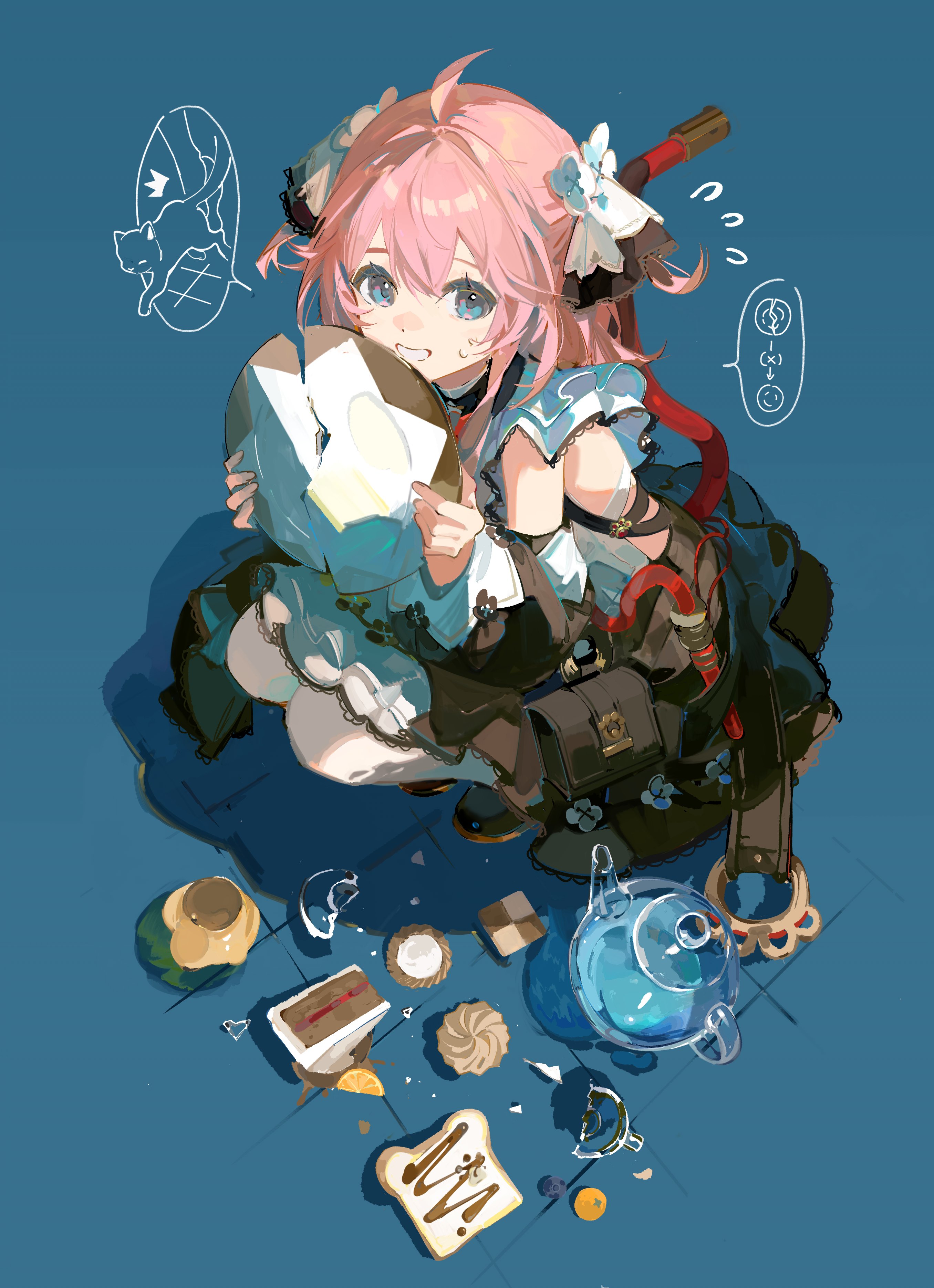 irple, alf (silver palace), silver palace, absurdres, highres, 1girl, ahoge, blue background, blue eyes, broken plate, cable, cable tail, cake, food, frilled skirt, frills, hair ornament, mechanical tail, medium hair, open mouth, pantyhose, pink hair, plate, skirt, solo, squatting, tail, white pantyhose