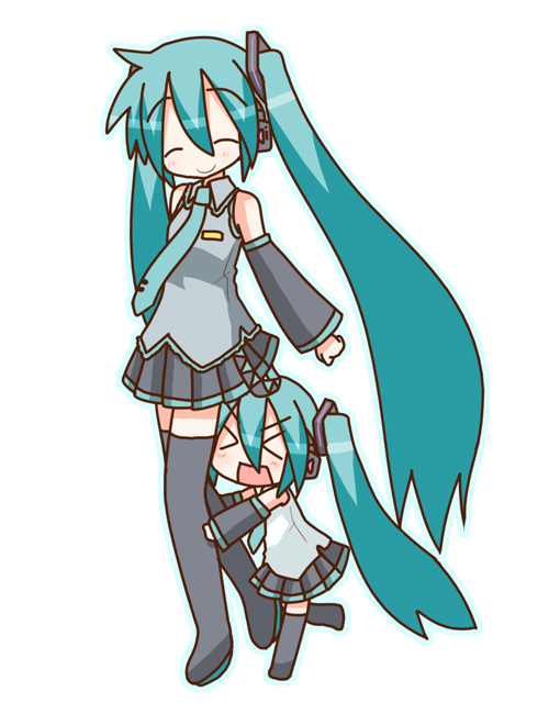 minami (colorful palette), chibi miku, hatsune miku, vocaloid, > <, closed eyes, detached sleeves, long hair, necktie, siblings, simple background, sisters, skirt, thighhighs, twintails, very long hair, zettai ryouiki