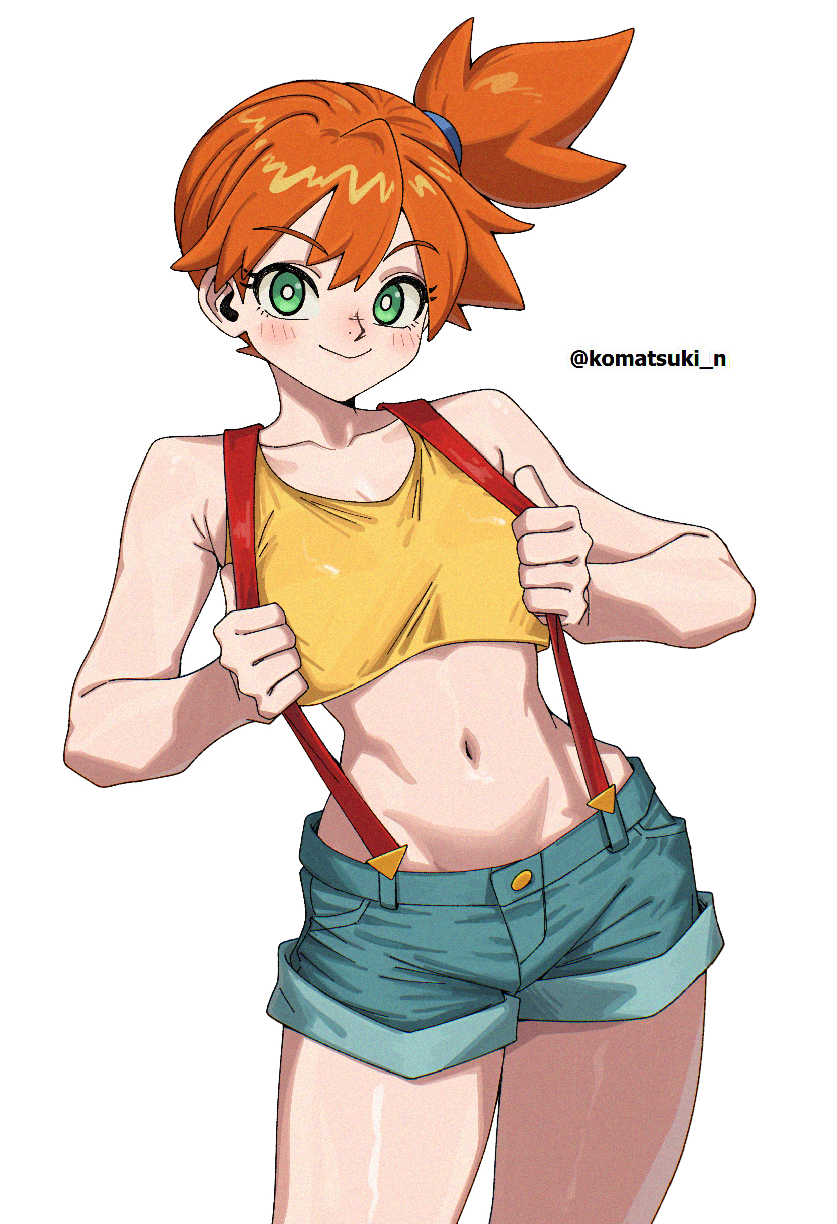 komatsuki n, misty (pokemon), nintendo, pokemon, pokemon (anime), pokemon (classic anime), pokemon rgby, 1girl, bare arms, bare shoulders, blush, breasts, bright pupils, closed mouth, collarbone, cowboy shot, crop top, denim, denim shorts, green eyes, looking at viewer, midriff, navel, orange hair, ponytail, shirt, short hair, short shorts, shorts, side ponytail, simple background, sleeveless, sleeveless shirt, smile, solo, suspender shorts, suspenders, tank top, thighs, twitter username, white background, white pupils, yellow shirt, yellow tank top