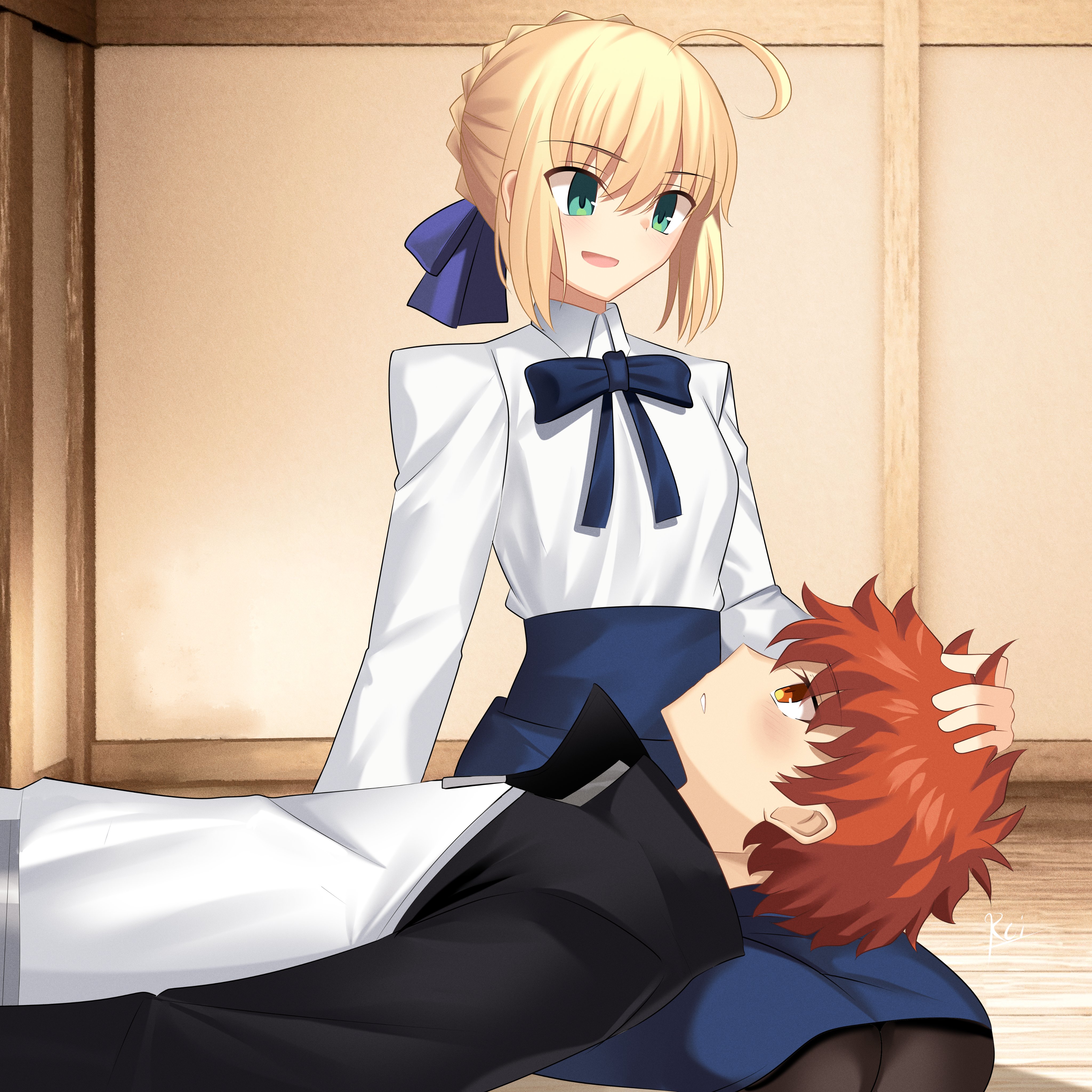 rey r31 44, artoria pendragon (fate), emiya shirou, saber (fate), fate/stay night, fate (series), absurdres, highres, 1boy, 1girl, ahoge, black leggings, blonde hair, blouse, blue bow, blue skirt, bow, braid, brown hair, bun with braided base, couple, green eyes, hair bow, hair bun, indoors, lap pillow, leggings, raglan sleeves, shirt, sidelocks, skirt, white shirt, wooden floor