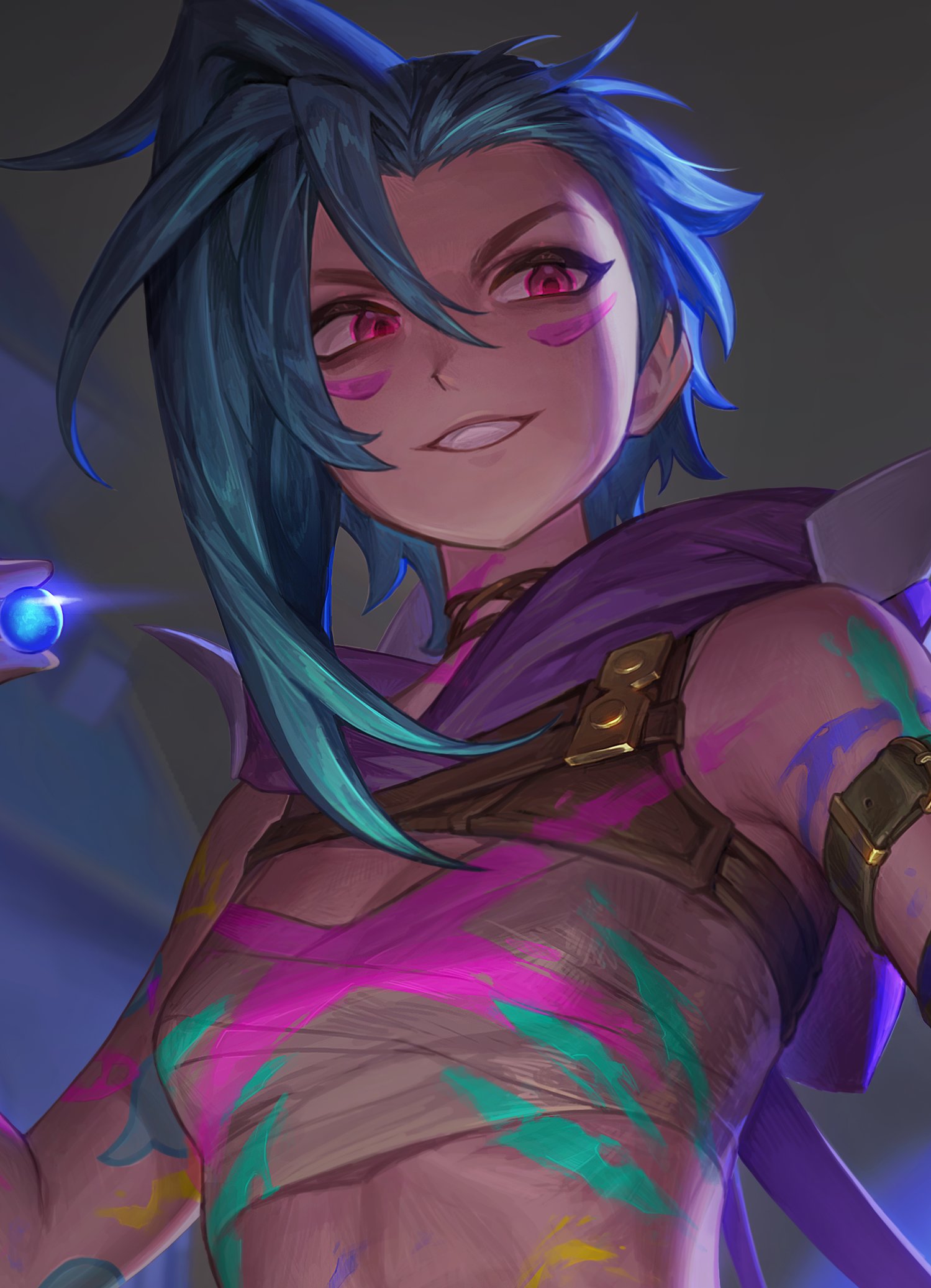 furrype4ch, arcane fractured jinx, jinx (league of legends), arcane: league of legends, league of legends, highres, 1girl, arm tattoo, asymmetrical bangs, bare shoulders, blue hair, bodypaint, breasts, chest sarashi, cloud tattoo, gem, hair between eyes, hextech gemstone, holding, holding gem, long hair, messy hair, pink eyes, portrait, purple scarf, sarashi, scarf, small breasts, smile, solo, tattoo, teeth