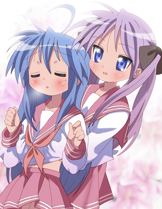 yamasaki wataru, hiiragi kagami, izumi konata, lucky star, 00s, 2girls, ahoge, blue eyes, blue hair, blush, breast padding, closed eyes, clothes lift, groping, hair ribbon, hand under clothes, hand under shirt, long hair, mole, mole under eye, multiple girls, navel, purple hair, ribbon, school uniform, serafuku, shirt, shirt lift, smile, tsurime, twintails, yuri