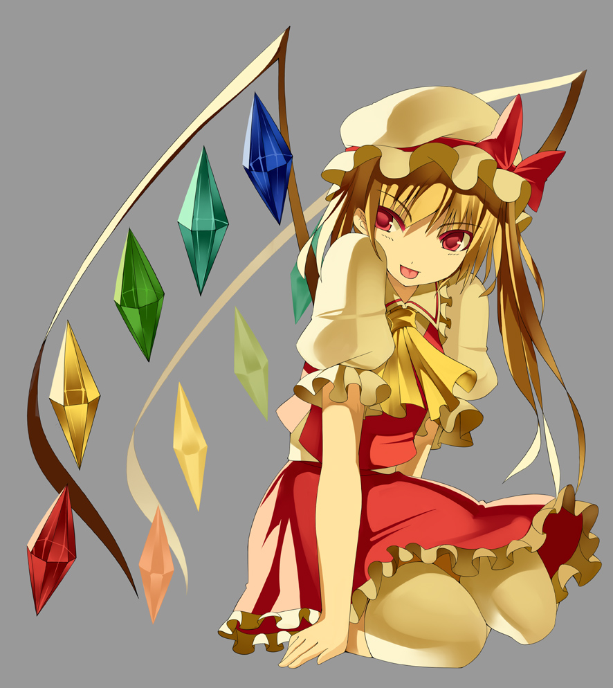 kureha (ironika), flandre scarlet, kureha, touhou, 1girl, :p, blonde hair, colored eyelashes, eyelashes, female focus, grey background, hat, kneeling, rainbow order, red eyes, red skirt, skirt, solo, thighhighs, tongue, tongue out, wings