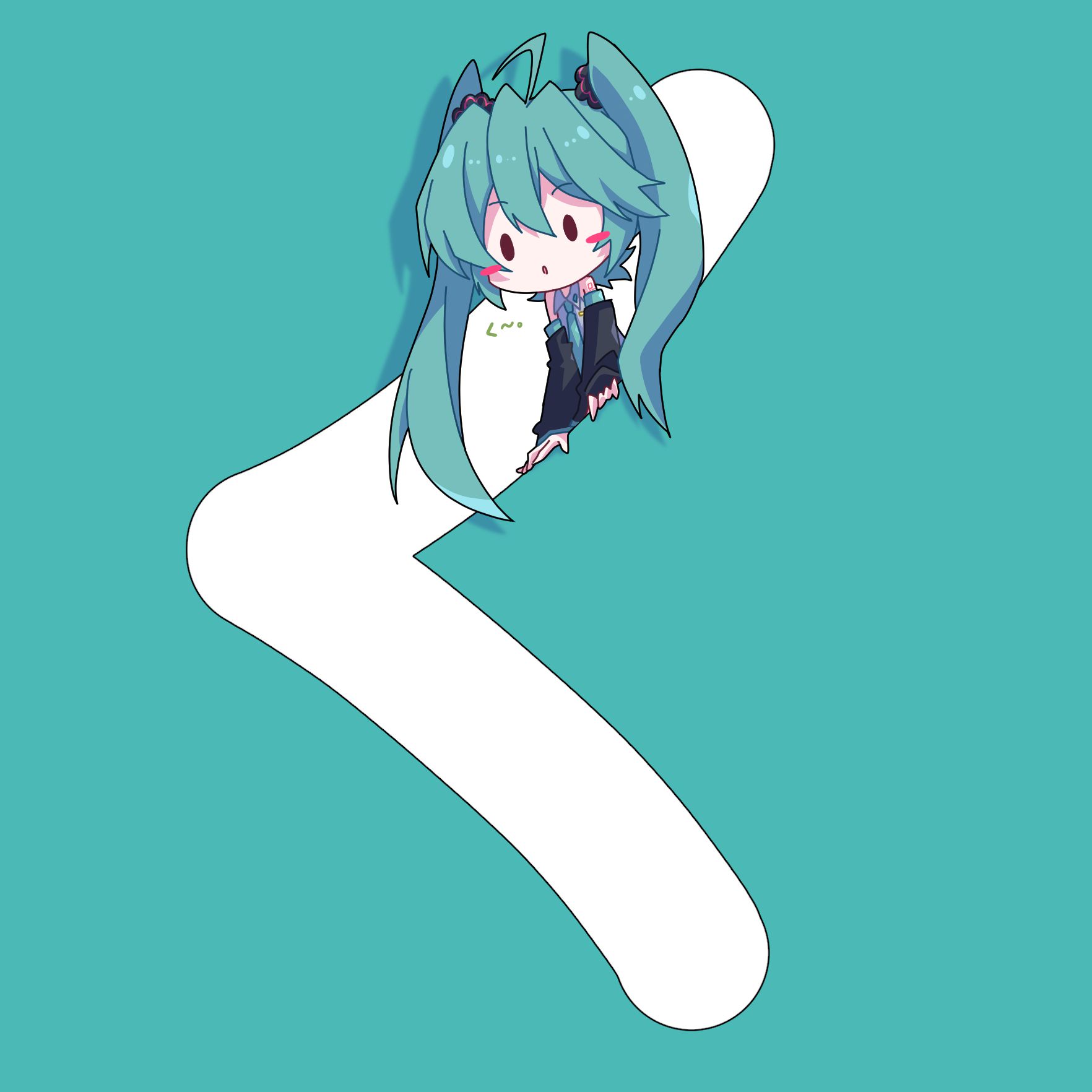 aosaki yato, hatsune miku, vocaloid, commentary request, highres, 1girl, ;d, ahoge, bare shoulders, black sleeves, blush stickers, chibi, chibi only, collared shirt, detached sleeves, double-parted bangs, drop shadow, green hair, grey shirt, hair between eyes, long hair, long sleeves, one eye closed, open mouth, shirt, sleeveless, sleeveless shirt, smile, solid oval eyes, solo, twintails