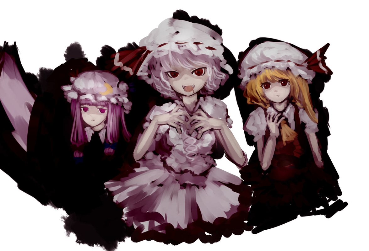 hal360, flandre scarlet, patchouli knowledge, remilia scarlet, embodiment of scarlet devil, touhou, bad id, bad pixiv id, 3girls, :d, dress, evil smile, female focus, head tilt, long hair, looking at viewer, multiple girls, open mouth, puffy short sleeves, puffy sleeves, red eyes, short hair, short sleeves, side ponytail, simple background, smile, vampire, white background, white dress