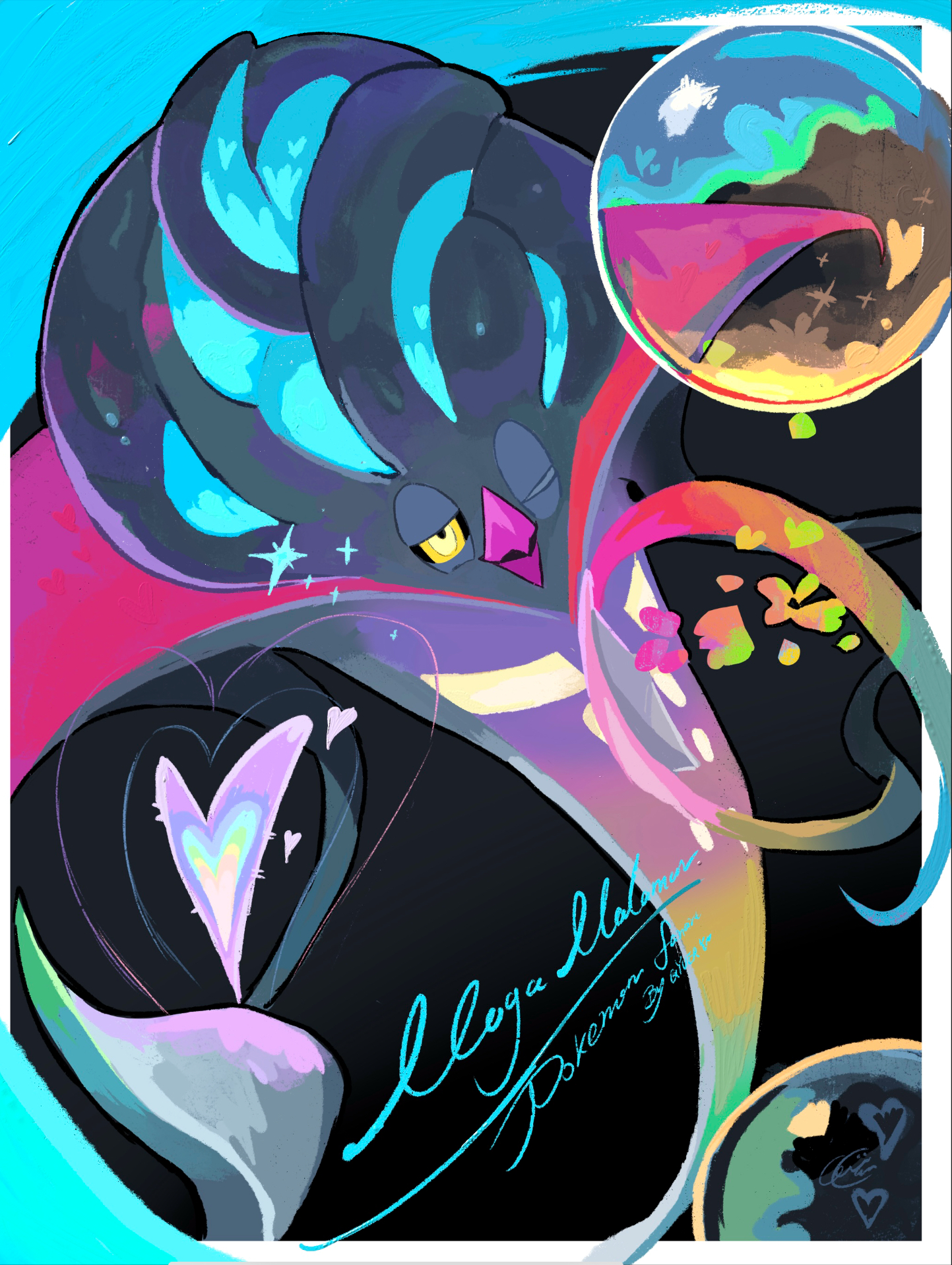 yueryu (taroyuer2), malamar, mega malamar, nintendo, pokemon, animal focus, artist name, black background, black sclera, border, bubble, character name, colored sclera, copyright name, english text, gen 6 pokemon, half-closed eye, heart, looking at viewer, no humans, one eye closed, open mouth, outside border, pokemon (creature), ringed eyes, signature, solo, sparkle, white border, wink, yellow eyes