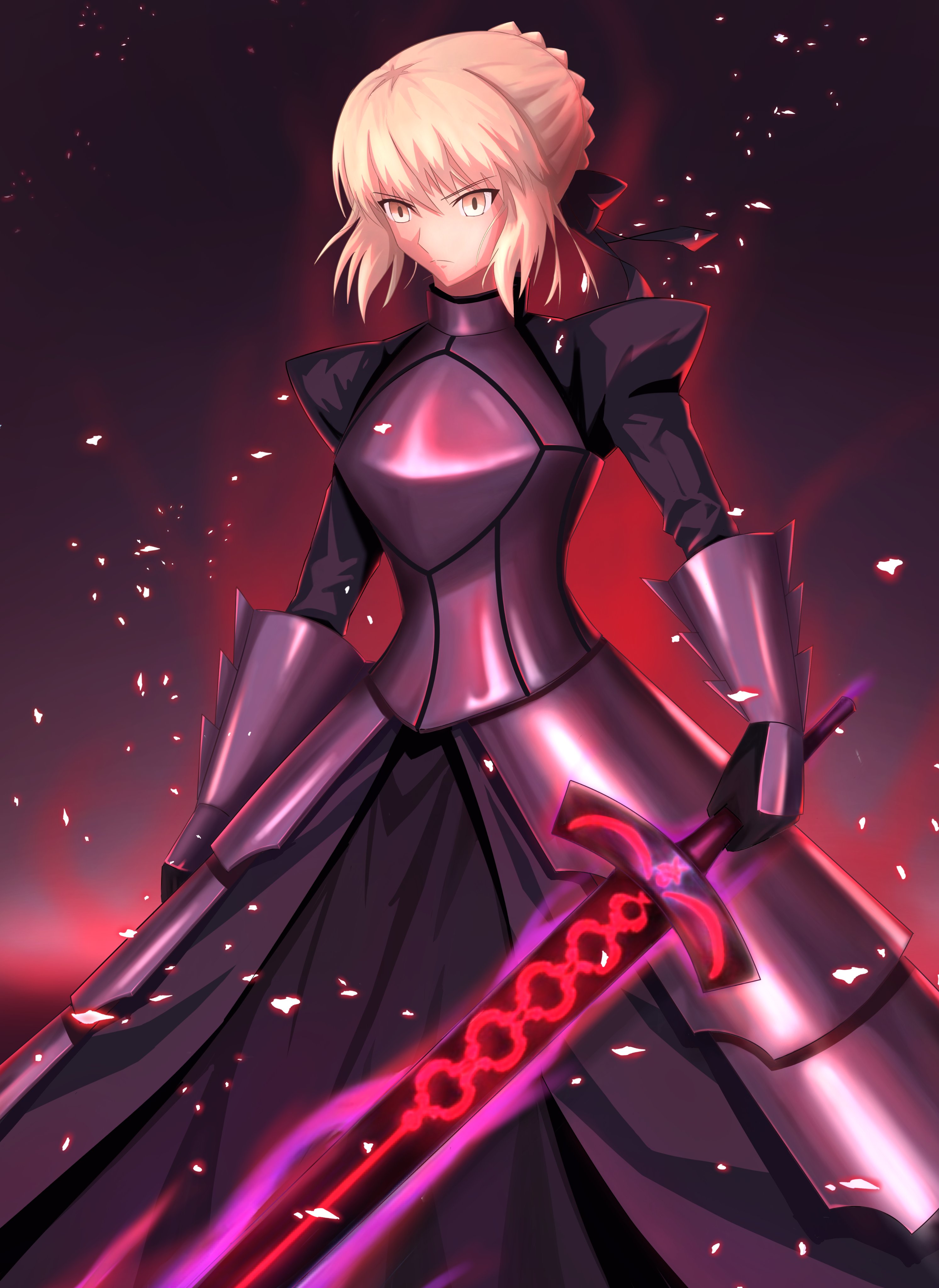 andychen662000, artoria pendragon (fate), saber alter, fate/grand order, fate/stay night, fate (series), absurdres, highres, 1girl, armor, blonde hair, bow, braid, bun with braided base, excalibur morgan (fate), hair bow, hair bun, sidelocks, sword, weapon