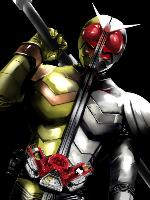 doku gorira, kamen rider double, kamen rider, kamen rider w, md5 mismatch, 1boy, antennae, belt, bodysuit, buckle, club (weapon), cowboy shot, helmet, looking at viewer, male focus, red eyes, solo, weapon