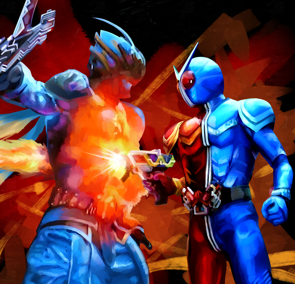 ashi ura, kamen rider double, nasca dopant, kamen rider, kamen rider w, bad id, bad pixiv id, 2boys, antennae, battle, belt, gun, monster, multiple boys, nazca dopant, weapon