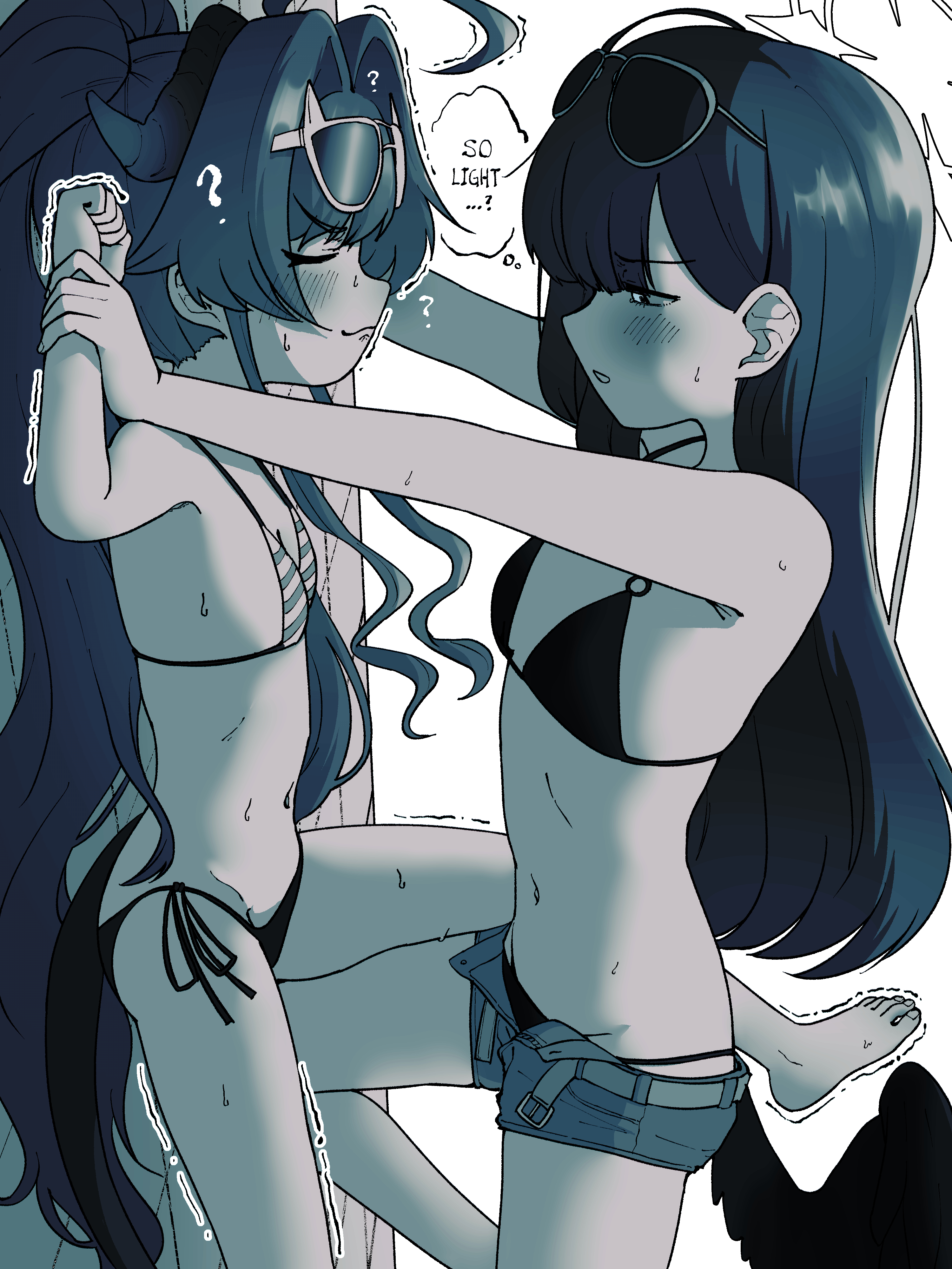 manmaderain, ichika (blue archive), ichika (swimsuit) (blue archive), kasumi (blue archive), kasumi (swimsuit) (blue archive), blue archive, absurdres, highres, 2girls, ?, barefoot, bikini, blush, breasts, closed mouth, eyewear on head, flat chest, from side, greyscale, half-closed eyes, height difference, horns, long hair, low wings, micro shorts, mismatched bikini, monochrome, multiple girls, navel, open clothes, open shorts, parted lips, ponytail, shorts, side-tie bikini bottom, small breasts, speech bubble, striped bikini, striped clothes, sunglasses, sweat, swimsuit, thought bubble, trembling, wings, yuri