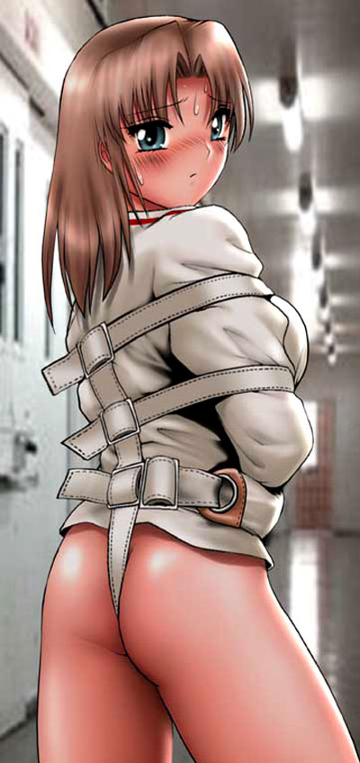 shingyouji tatsuya, original, jpeg artifacts, 1girl, ass, bdsm, blue eyes, blush, bondage, bottomless, bound, brown hair, female focus, from behind, looking back, photo background, solo, straitjacket, sweat
