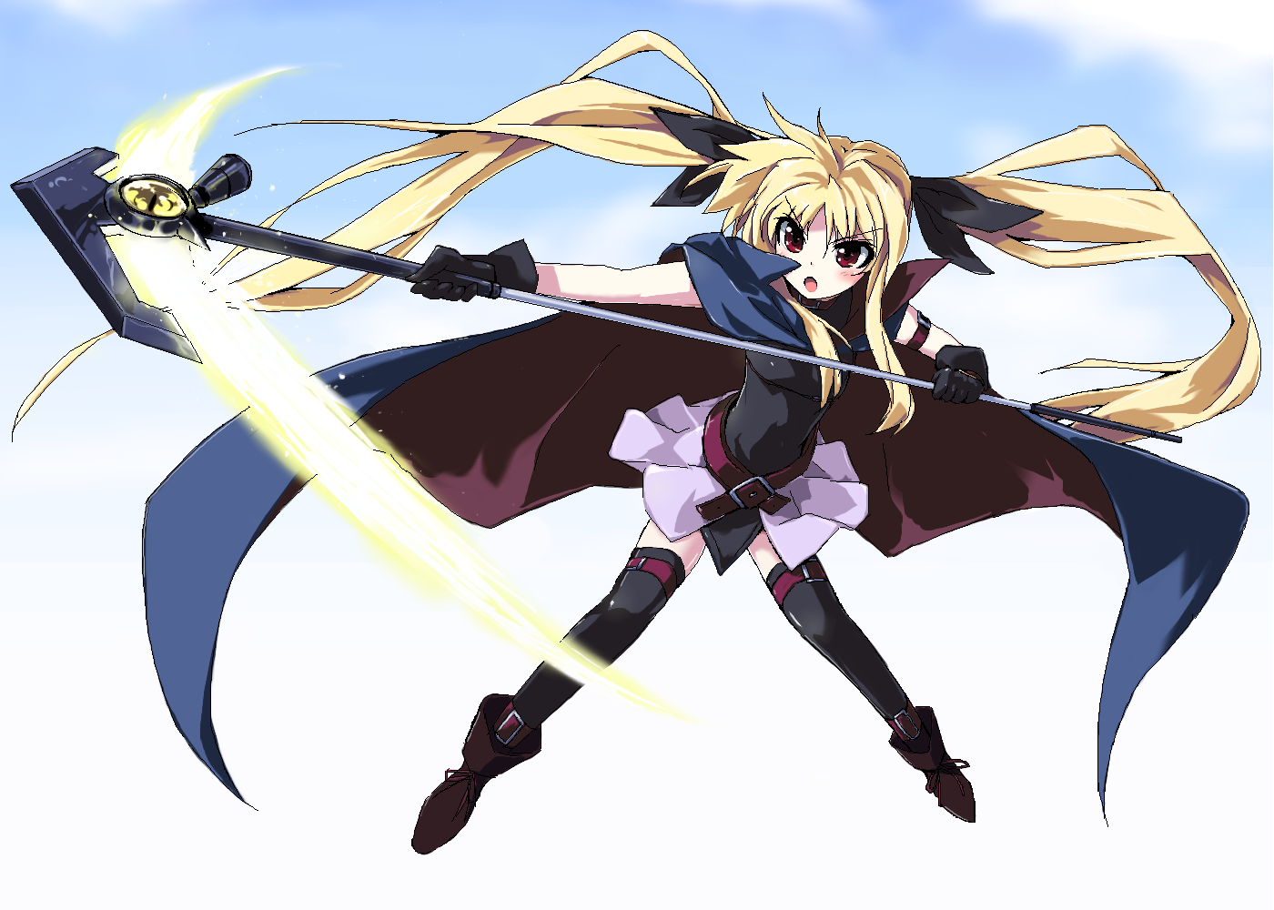 grune, bardiche (nanoha), bardiche (scythe form) (nanoha), fate testarossa, fate testarossa (original form), lyrical nanoha, mahou shoujo lyrical nanoha, mahou shoujo lyrical nanoha a's, 00s, blonde hair, cape, flat chest, gloves, hair ribbon, ribbon, scythe, solo, thighhighs, twintails