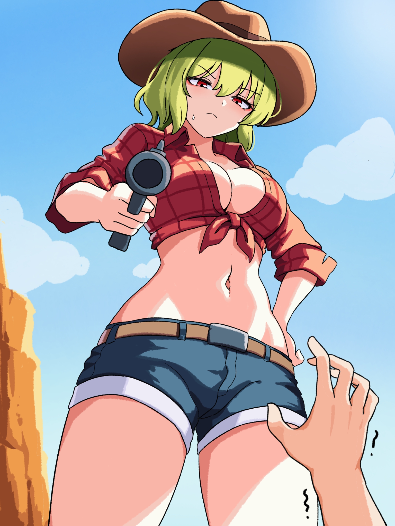 ehehe52921343, kazami yuuka, touhou, commentary, highres, 1girl, 1other, aiming, aiming at viewer, alternate costume, blue shorts, blue sky, breasts, brown hat, cleavage, closed mouth, cloud, collared shirt, cowboy hat, day, green hair, gun, hat, holding, holding gun, holding weapon, midriff, navel, plaid clothes, plaid shirt, red eyes, red shirt, shirt, short shorts, shorts, sky, solo focus, sweatdrop, tied shirt, weapon