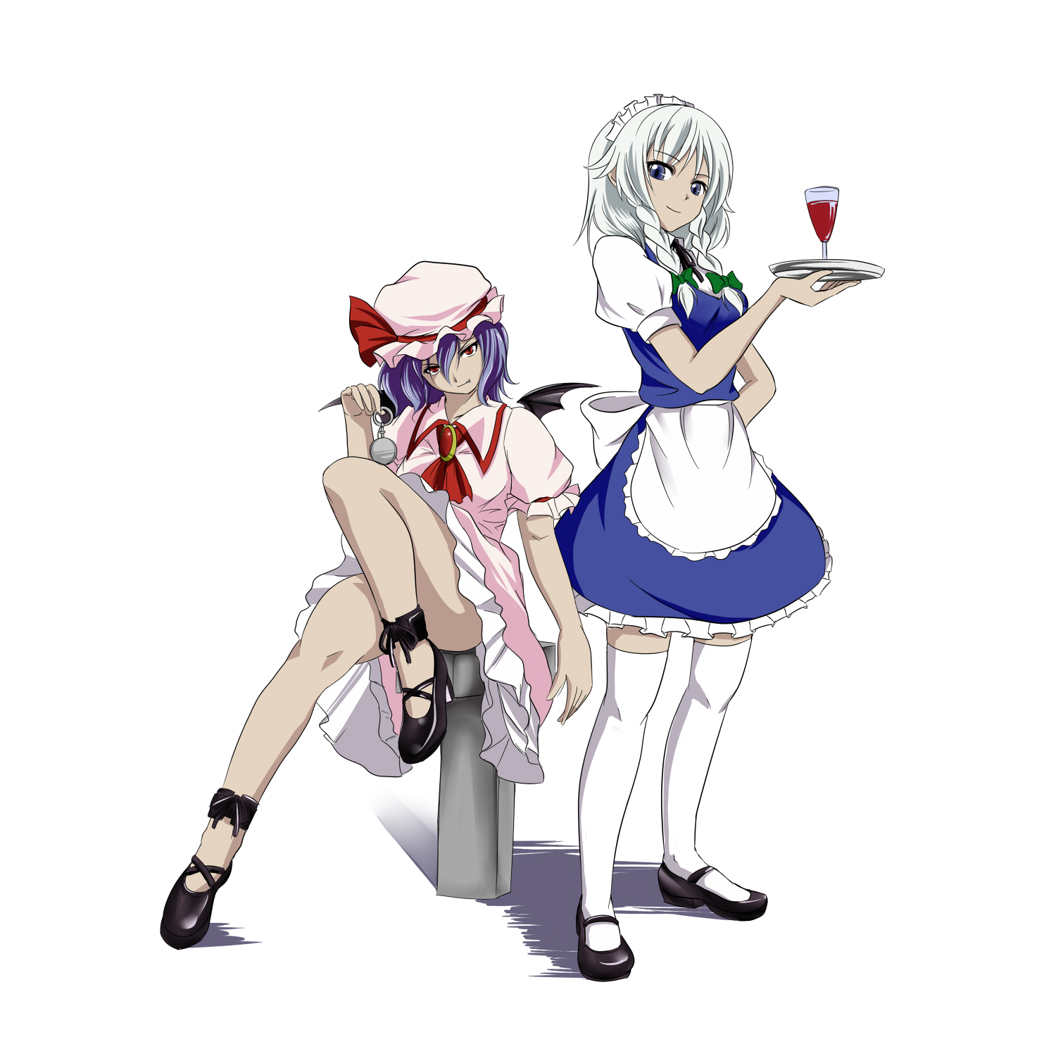 copycat (dryfood), copycat (homura), izayoi sakuya, remilia scarlet, touhou, light purple hair, silver hair, bad id, bad pixiv id, highres, 2girls, bat wings, blue eyes, braid, female focus, hat, legs, maid, multiple girls, red eyes, short hair, thighhighs, twin braids, wings