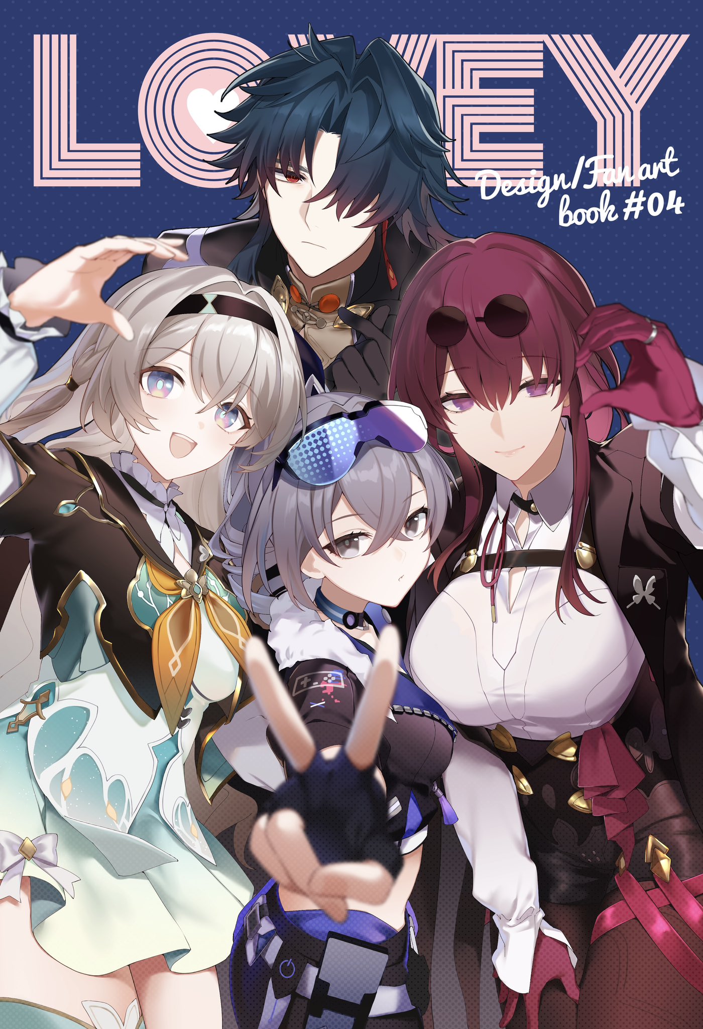 mmmgnsn, blade (honkai: star rail), firefly (honkai: star rail), kafka (honkai: star rail), silver wolf (honkai: star rail), honkai: star rail, honkai (series), commentary request, highres, 1boy, 3girls, blonde hair, blue hair, breasts, dress, earrings, eyewear on head, fur trim, gloves, grey eyes, grey hair, hair between eyes, hair over one eye, headband, heart, heart hands, jacket, jewelry, large breasts, layered dress, medium breasts, midriff peek, multicolored eyes, multiple girls, open clothes, open jacket, pantyhose, parted bangs, purple eyes, purple hair, red eyes, shirt, shorts, single earring, smile, stellaron hunters (honkai: star rail), thighs, two-tone eyes, v