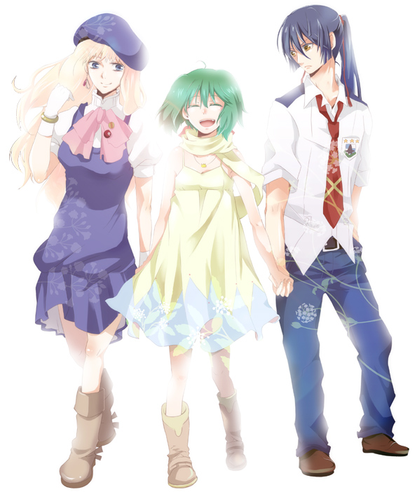 gen (enji), ranka lee, saotome alto, sheryl nome, macross, macross frontier, bad id, bad pixiv id, 00s, 1boy, 2girls, bangle, belt, blonde hair, blue eyes, blue hair, bracelet, brown eyes, closed eyes, dress, gloves, green hair, hand in pocket, hat, holding hands, jewelry, multiple girls, necktie, ponytail, scarf, smile, white background