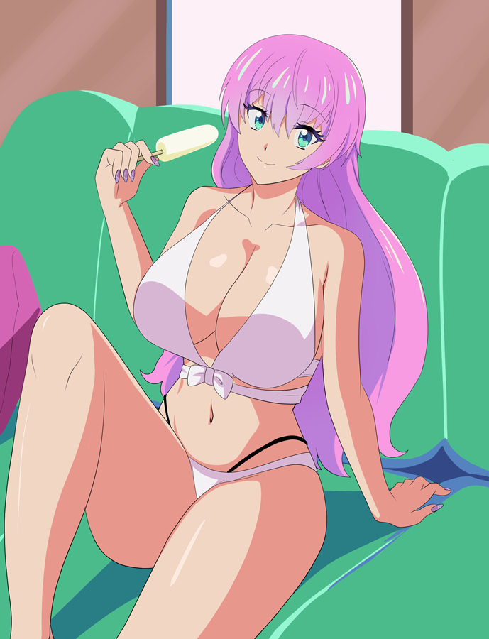 thebrokencog, watanabe akari, fuufu ijou koibito miman., commentary, english commentary, 1girl, bikini, breasts, cleavage, couch, food, green eyes, hair between eyes, huge breasts, large breasts, layered bikini, long hair, nail polish, navel, on couch, pink hair, pink nails, popsicle, sitting, swimsuit, thighs, white bikini