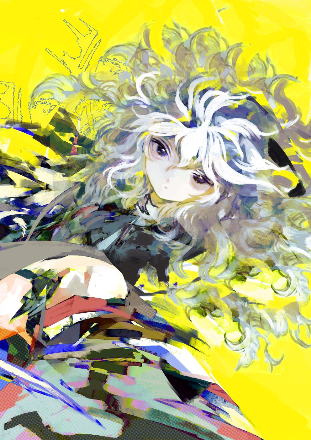 tsukamoto anabone, original, highres, tagme, 1girl, black shirt, black shoes, closed mouth, hair between eyes, long hair, looking at viewer, purple eyes, shirt, shoes, solo, white hair, yellow background