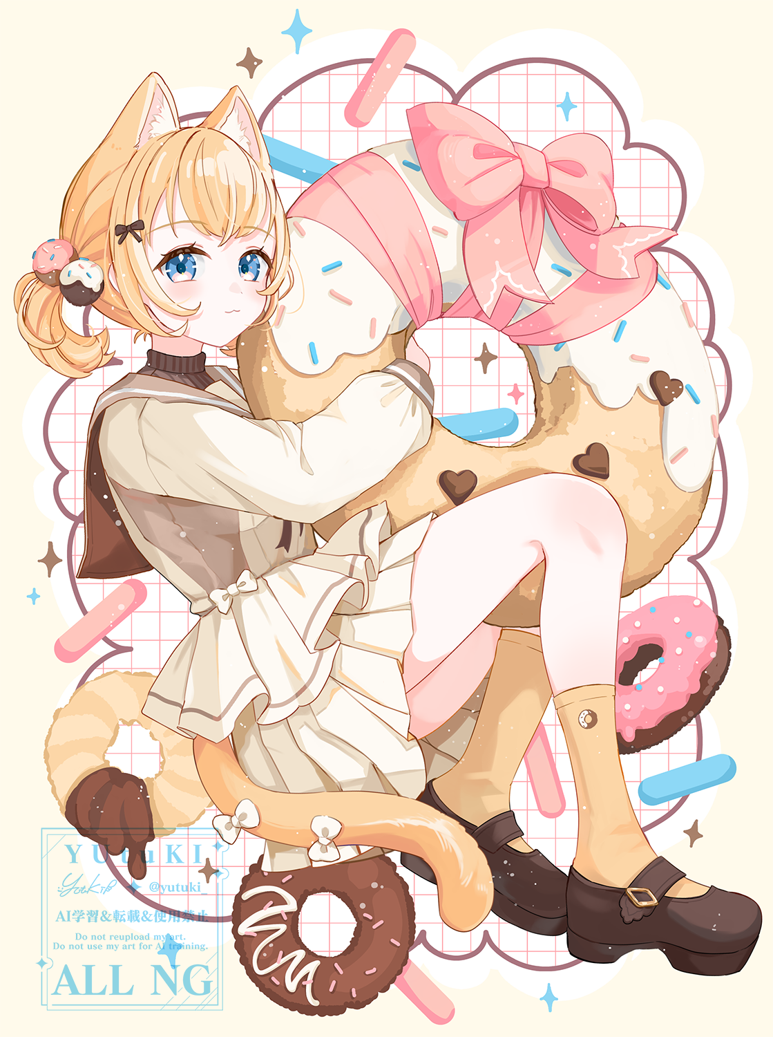 yutukicom, original, commentary, highres, 1girl, :3, animal ear fluff, animal ears, artist name, blonde hair, blue eyes, blush, bow, brown sailor collar, brown shoes, cat ears, cat girl, cat tail, closed mouth, donut, food, full body, grid background, long sleeves, looking at viewer, mary janes, pink bow, pleated skirt, sailor collar, shirt, shoes, short hair, skirt, socks, solo, sparkle, tail, watermark, white background, white shirt, white skirt, yellow socks