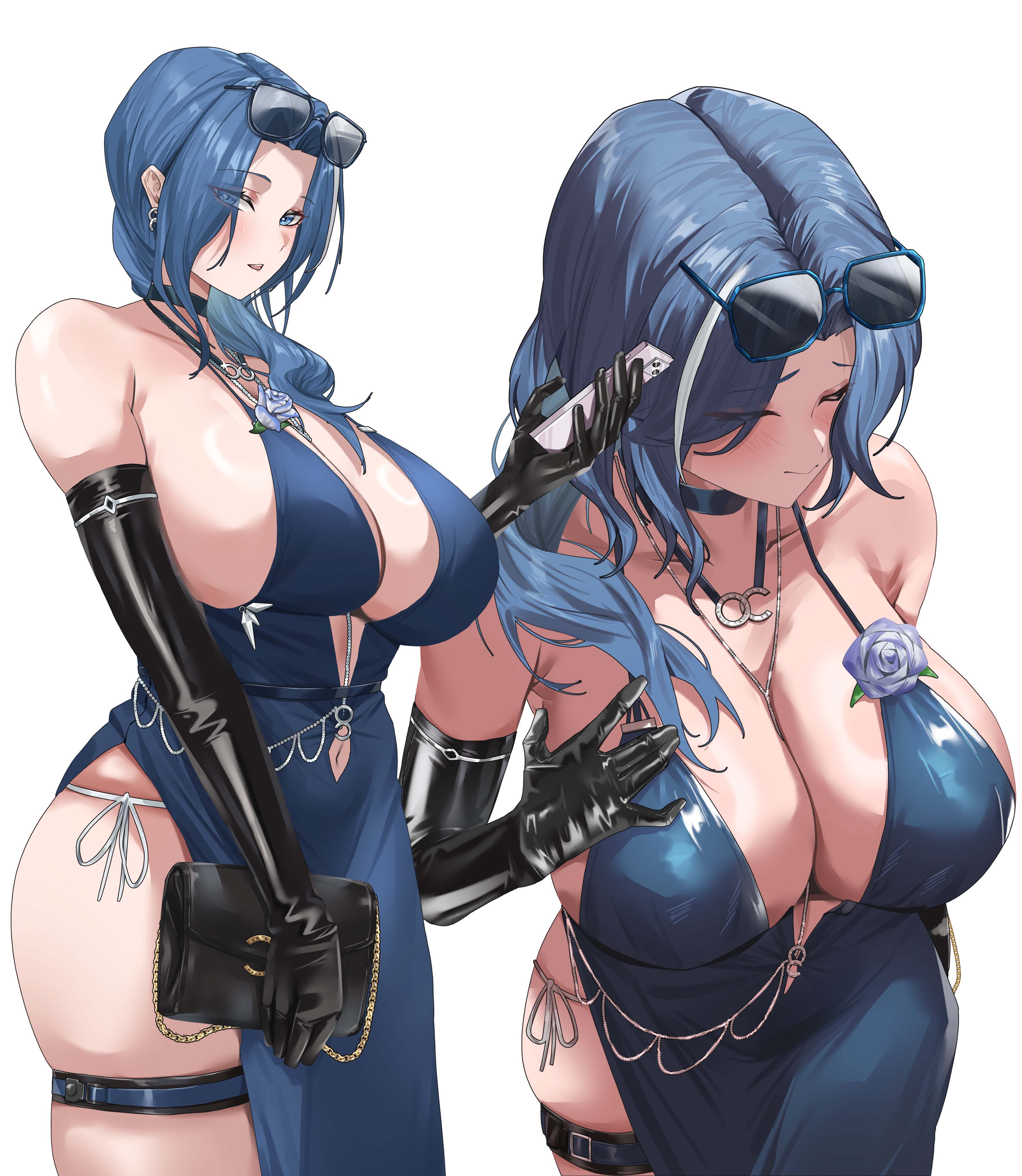 dp-12 (girls' frontline), helen (starlit waltz) (girls' frontline 2), girls' frontline, girls' frontline 2: exilium, absurdres, commentary request, highres, 1girl, black gloves, blue choker, blue dress, blue eyes, blue hair, breasts, choker, cleavage, clothing cutout, dress, earrings, elbow gloves, evening gown, eyewear on head, gloves, halterneck, huge breasts, jewelry, long hair, looking at viewer, multiple views, navel, navel cutout, necklace, official alternate costume, panties, side-tie panties, thigh strap, underwear, wangwenzhu2000, white background, white panties