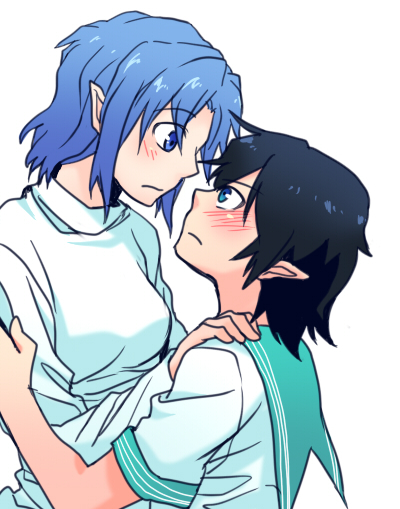 re ghotion, kumoi ichirin, murasa minamitsu, touhou, 2girls, blue eyes, blush, eye contact, female focus, looking at another, multiple girls, no headwear, pointy ears, short hair, yuri