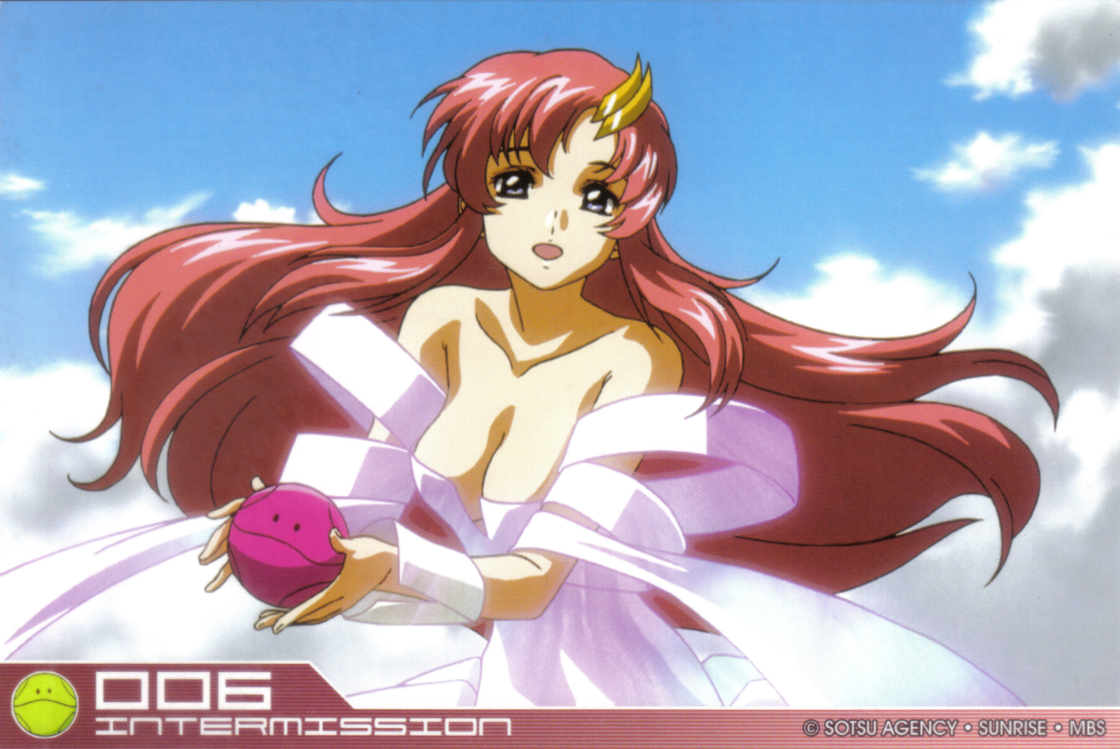 haro, lacus clyne, gundam, gundam seed, gundam seed destiny, sunrise (company), absurdres, highres, official art, 00s, 1girl, breasts, cleavage, day, female focus, large breasts, long hair, pink hair, sky, solo