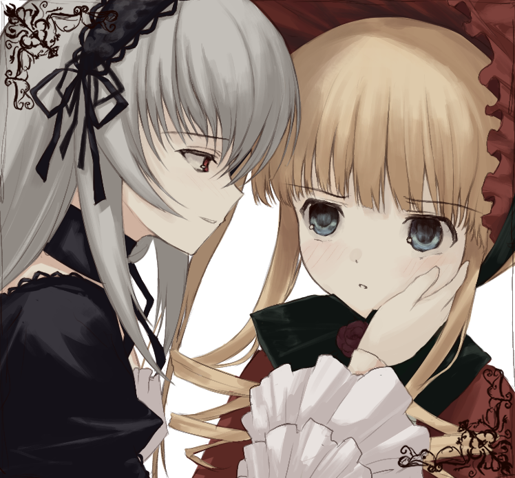 numata eki, shinku, suigintou, rozen maiden, 2girls, black dress, blonde hair, blue eyes, bonnet, dress, frilled sleeves, frills, grey hair, hairband, long hair, long sleeves, multiple girls, parted lips, red bonnet, red dress, red eyes, simple background, upper body, white background, white hairband
