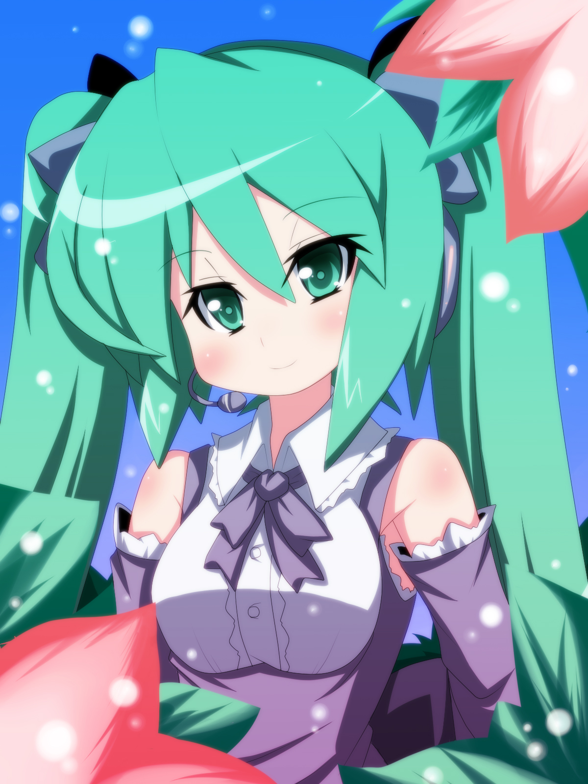 oborotsuki kakeru, hatsune miku, project diva, project diva (series), vocaloid, highres, detached sleeves, green eyes, green hair, headset, ribbon, solo, twintails