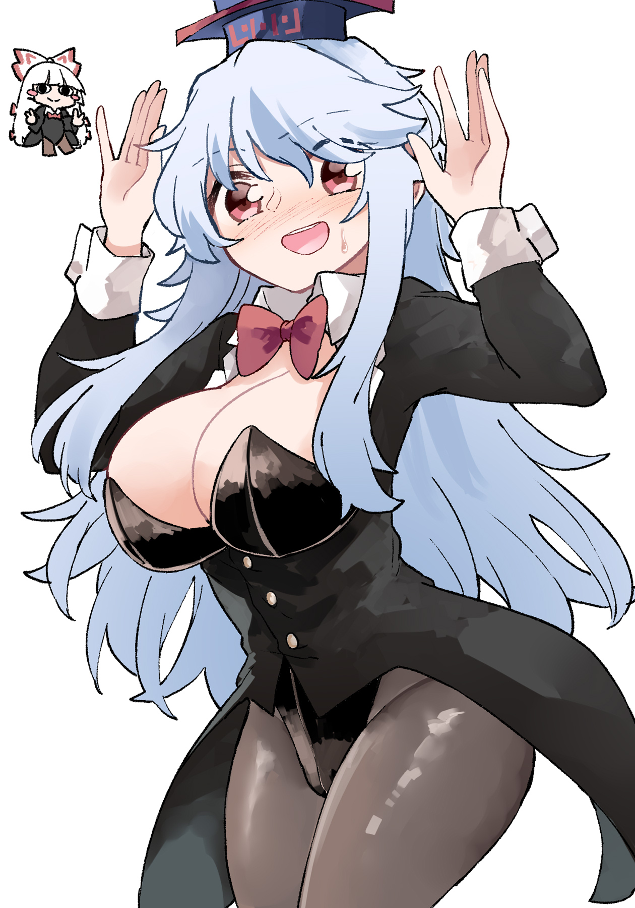 deetamu, fujiwara no mokou, kamishirasawa keine, touhou, commentary request, commission, highres, skeb commission, 2girls, :d, alternate costume, arms up, black coat, black leotard, black pantyhose, blue hair, blue hat, blunt bangs, bow, breasts, chibi, chibi inset, cleavage, coat, coattails, cowboy shot, detached collar, hat, large breasts, leotard, long hair, long sleeves, looking at viewer, multiple girls, open mouth, pantyhose, red bow, red eyes, simple background, smile, tailcoat, white background, white hair