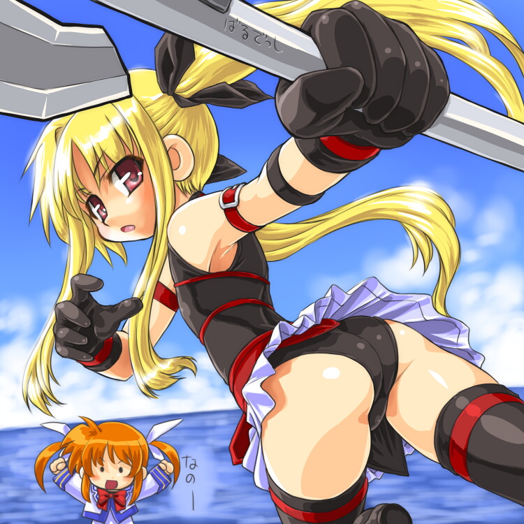 dd (ijigendd), bardiche (nanoha), fate testarossa, fate testarossa (original form), takamachi nanoha, lyrical nanoha, mahou shoujo lyrical nanoha, mahou shoujo lyrical nanoha a's, bad id, bad pixiv id, 00s, 2girls, ass, blonde hair, gloves, multiple girls, red eyes, thighhighs