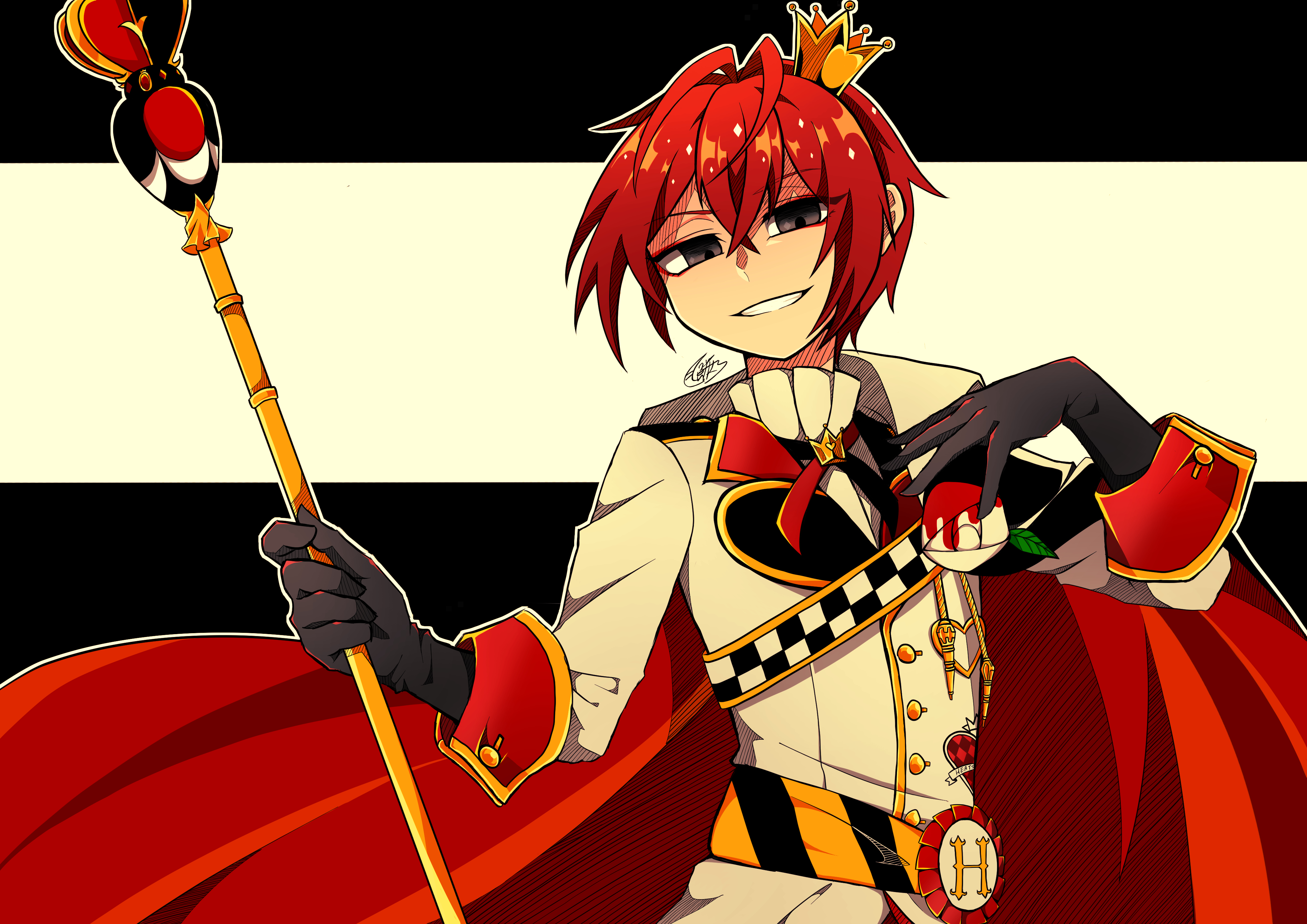 geppei motimaru, riddle rosehearts, twisted wonderland, absurdres, highres, 1boy, black eyes, cape, crown, flower, gloves, grin, hair between eyes, holding, holding scepter, jacket, looking at viewer, male focus, mini crown, red cape, red hair, rose, scepter, short hair, signature, smile, solo, white flower, white jacket, white rose