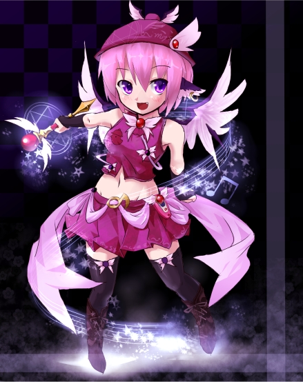 ayagi daifuku, mystia lorelei, touhou, bad id, bad pixiv id, 1girl, adapted costume, animal ears, boots, earrings, fang, female focus, hat, jewelry, magic circle, magical girl, midriff, musical note, navel, pink hair, purple eyes, skirt, solo, thighhighs, wand