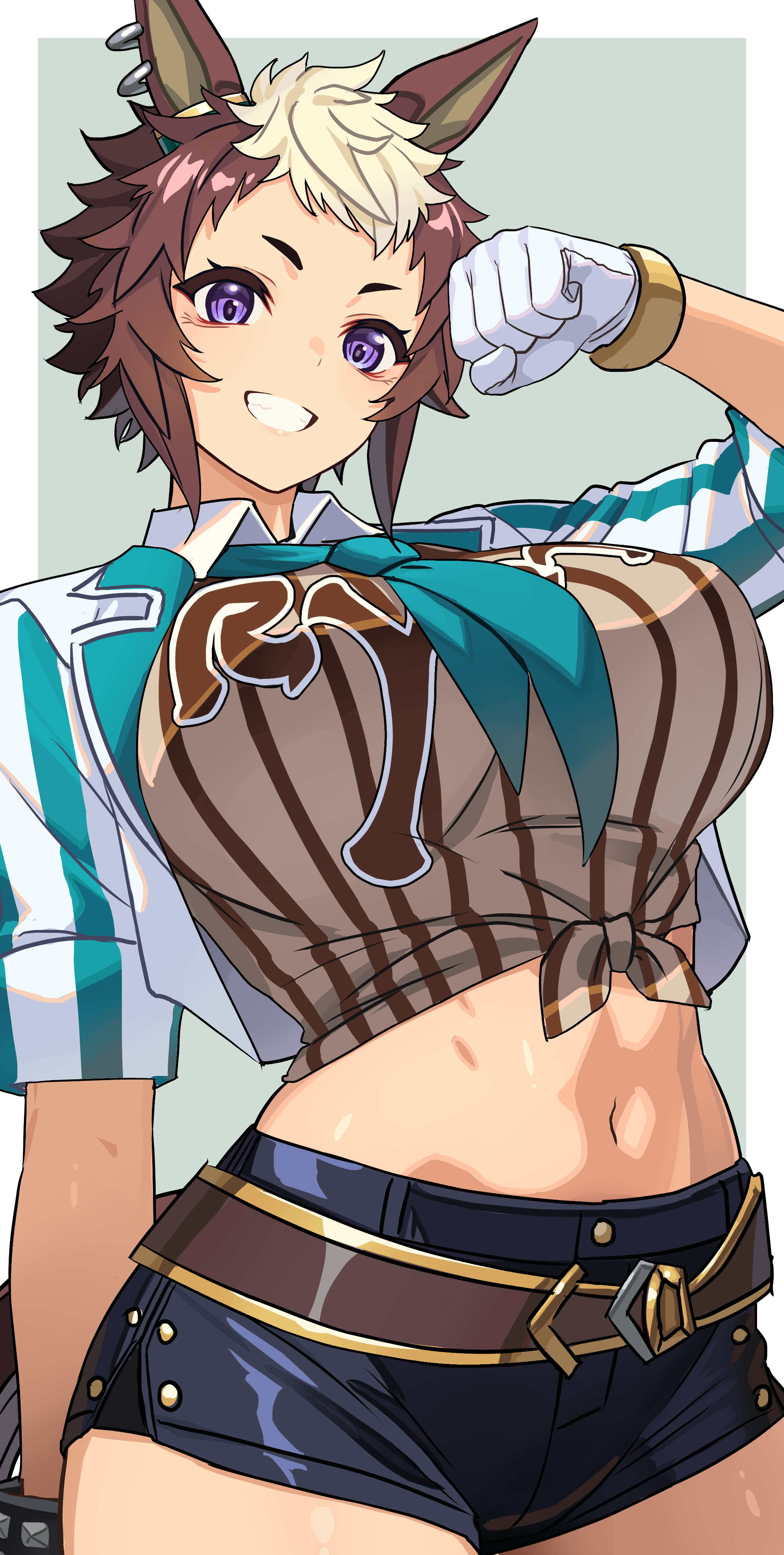 reibun (raven1119), mejiro ryan (down the line) (umamusume), mejiro ryan (umamusume), umamusume, absurdres, highres, 1girl, animal ears, belt, black shorts, breasts, brown belt, brown hair, gloves, horse ears, horse girl, large breasts, midriff, navel, purple eyes, short hair, shorts, smile, solo, teeth, white gloves