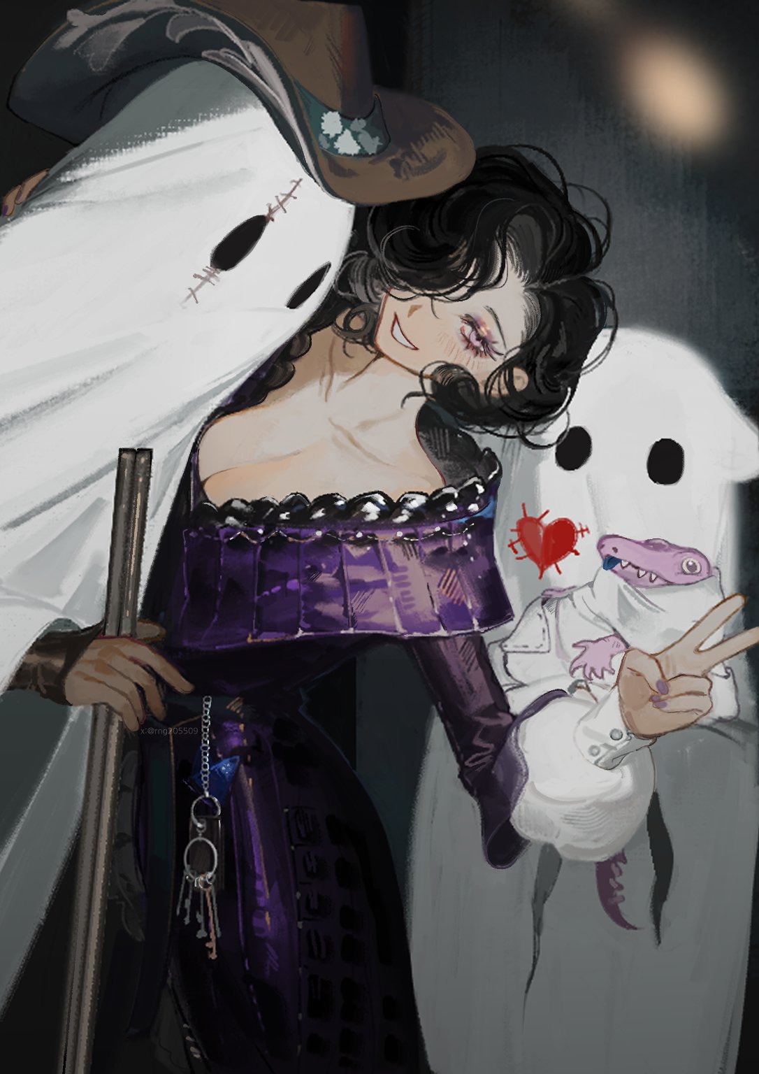 ing (ing205509), tuesday (reverse:1999), reverse:1999, highres, 1girl, black hair, breasts, brown hat, cleavage, cowboy shot, dress, ghost, grin, hair over one eye, hat, heart, large breasts, long hair, looking at viewer, purple dress, purple eyes, smile, v