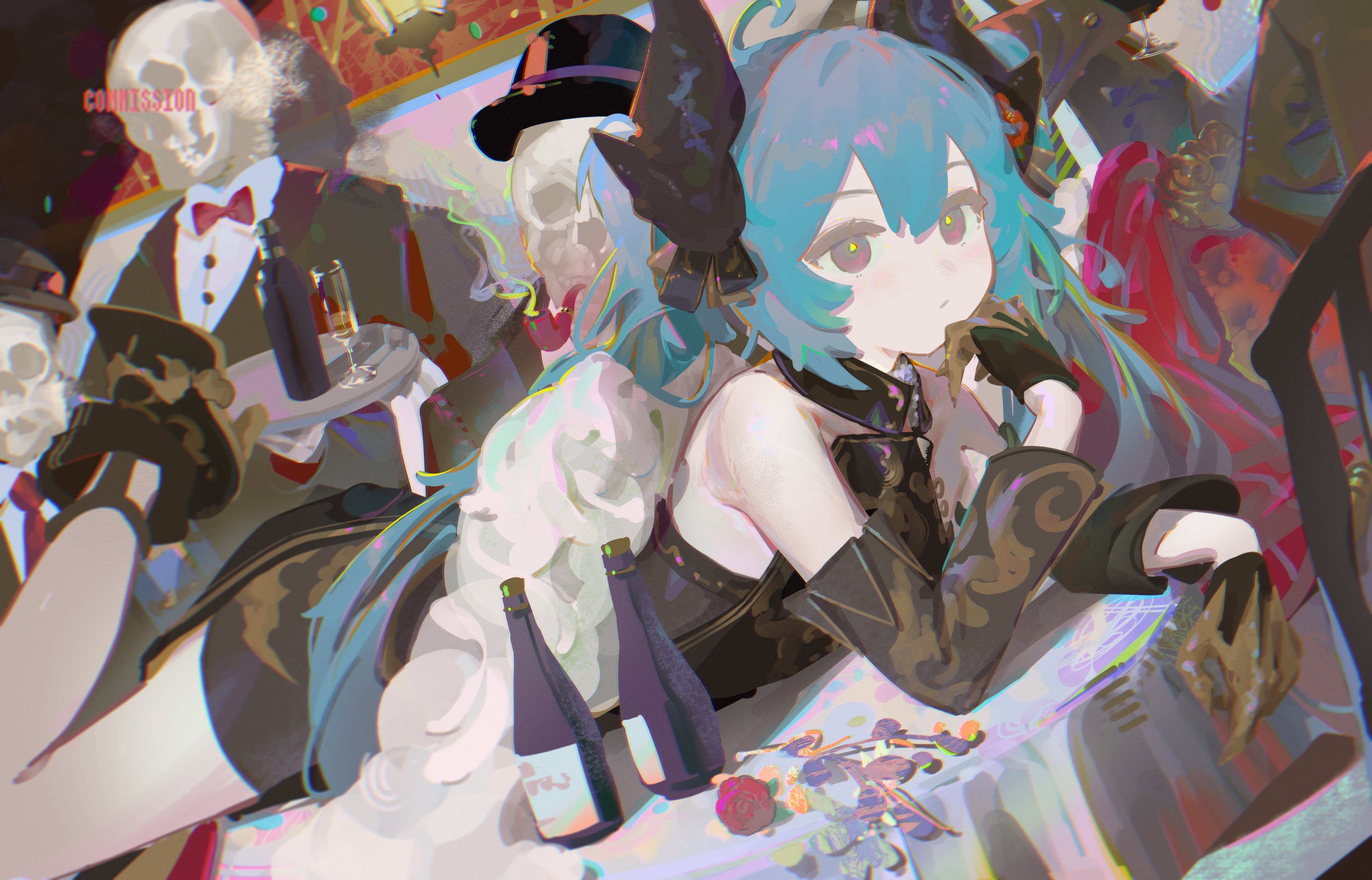 yaungpeng, original, absurdres, commission, highres, 1girl, bare shoulders, black dress, black gloves, black hat, black jacket, black shoes, black sleeves, blue hair, bottle, bow, bowtie, brown eyes, butler, closed mouth, detached sleeves, double-parted bangs, dress, flower, full body, gloves, hair between eyes, hat, jacket, long hair, long sleeves, looking at viewer, red bow, red bowtie, red flower, red rose, rose, shoes, skeleton, sleeveless, sleeveless dress, solo, table, tablecloth