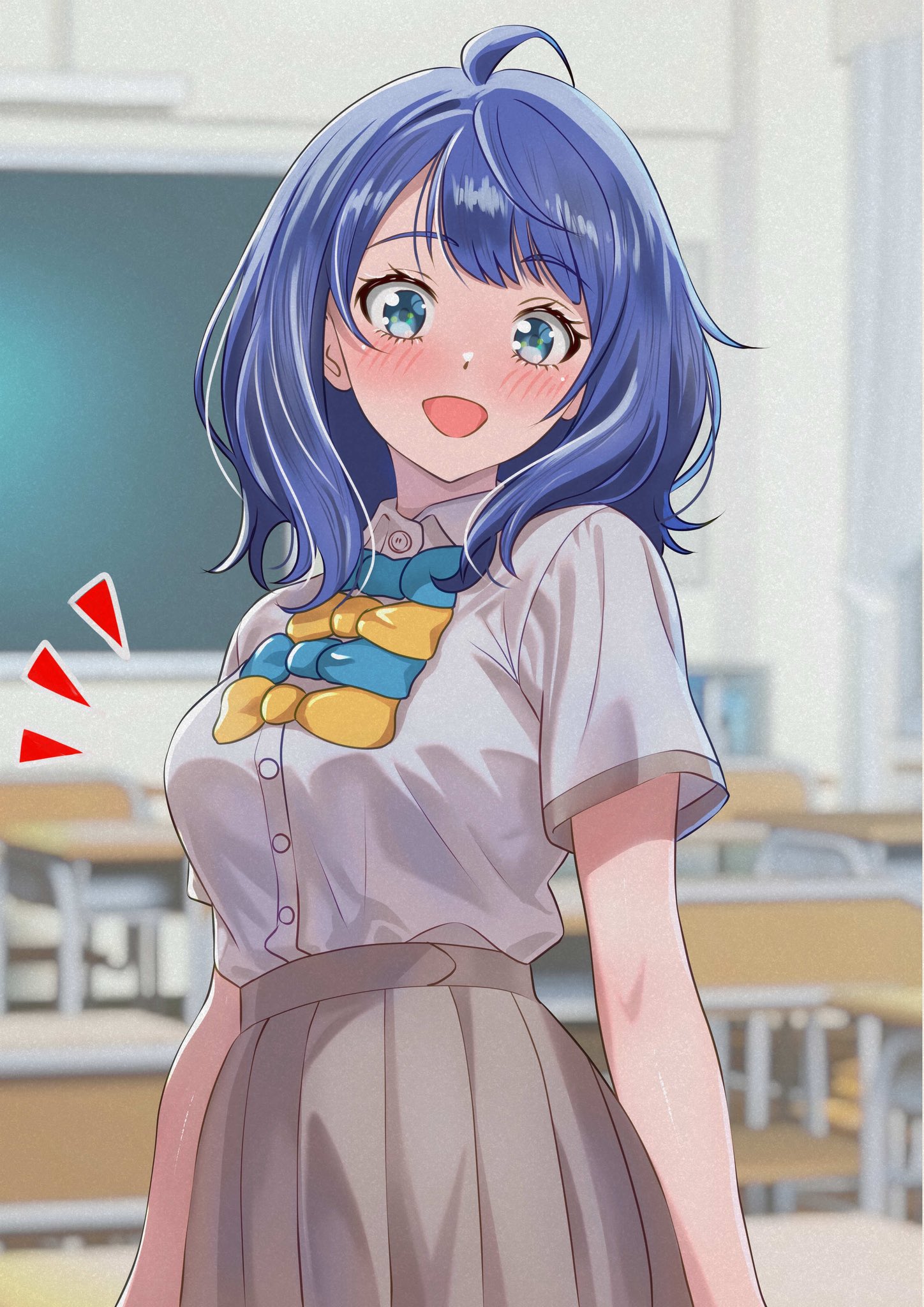 kousan, yanami anna, make heroine ga oo sugiru!, commentary request, highres, 1girl, ahoge, blue bow, blue bowtie, blue eyes, blue hair, blurry, blurry background, blush, bow, bowtie, breasts, classroom, collared shirt, cowboy shot, grey skirt, indoors, large breasts, looking at viewer, medium hair, open mouth, pleated skirt, school uniform, shirt, shirt tucked in, skirt, smile, solo, tsuwabuki high school uniform, white shirt, yellow bow, yellow bowtie