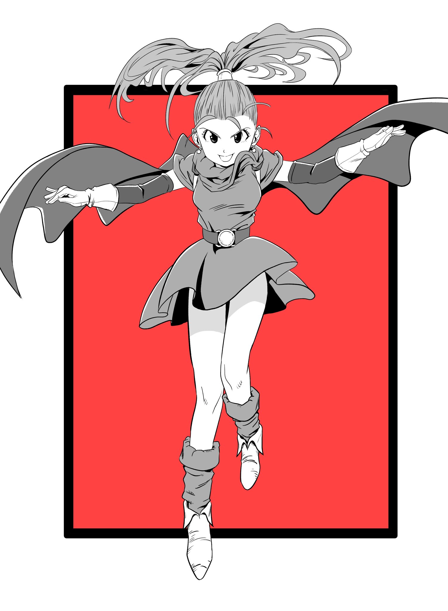 lee (dragon garou), barbara (dq6), dragon quest, dragon quest vi, commentary, highres, 1girl, cape, detached sleeves, dress, furrowed brow, gloves, greyscale with colored background, hair pulled back, high ponytail, open mouth, outstretched arms, ponytail, red background, shoes, short dress, smile, solo, v-shaped eyebrows
