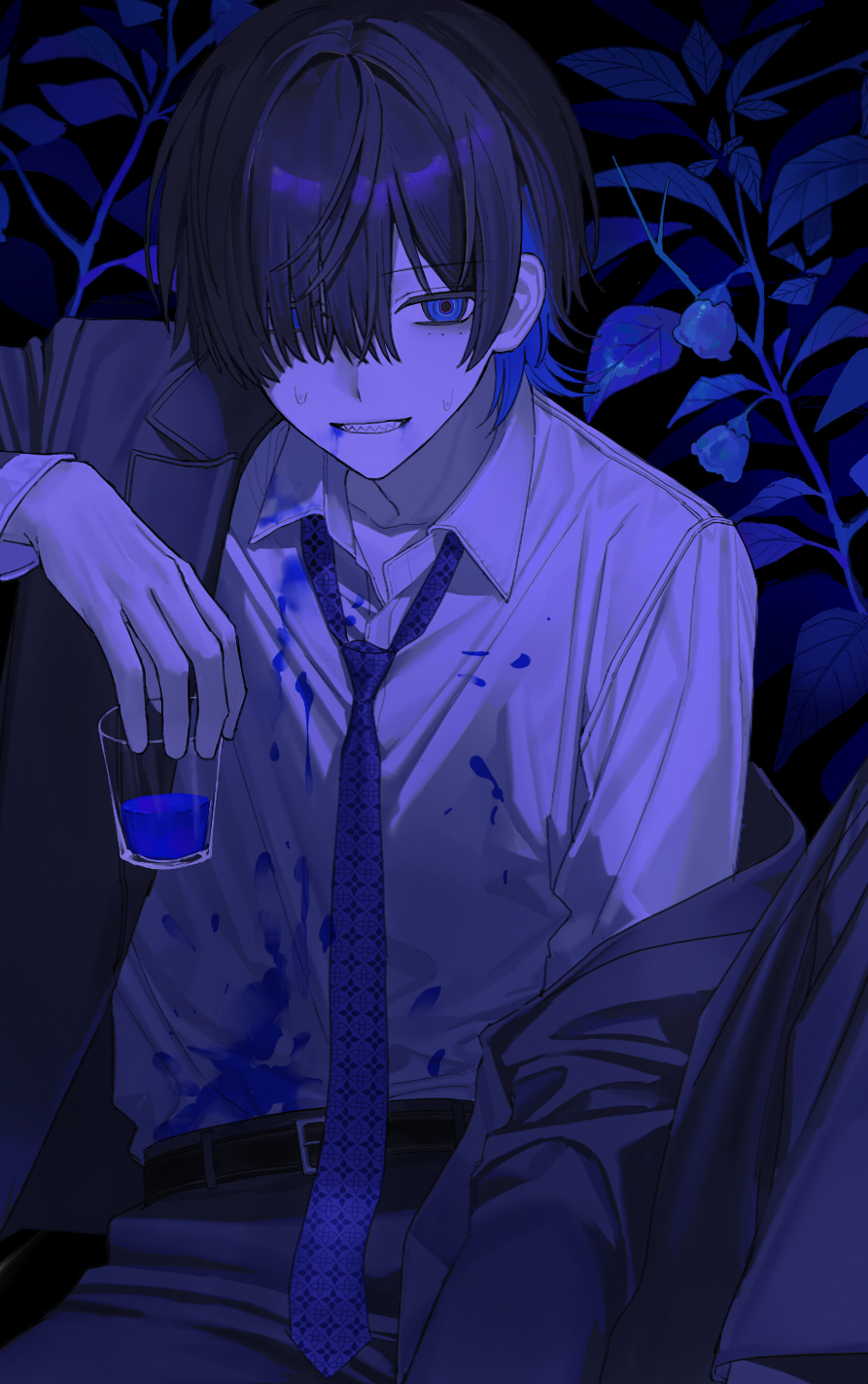 original, highres, 1boy, belt, black belt, black hair, black jacket, black pants, blue eyes, blue hair, blue liquid, blue necktie, blue theme, collared shirt, colored inner hair, cowboy shot, grin, hair over one eye, jacket, leaf, long sleeves, looking at viewer, male focus, multicolored hair, necktie, off shoulder, open clothes, open jacket, pants, sharp teeth, shirt, short hair, sitting, smile, solo, teeth, two-tone hair, white shirt, yamma (pqqp9090)