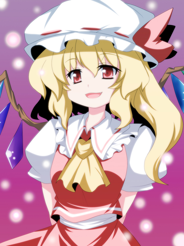 oborotsuki kakeru, flandre scarlet, touhou, 1girl, blonde hair, blouse, collared shirt, fang, female focus, gradient background, hair between eyes, hat, mob cap, one side up, pink background, purple background, red eyes, ribbon, shirt, side ponytail, solo, white hat, white shirt, wings