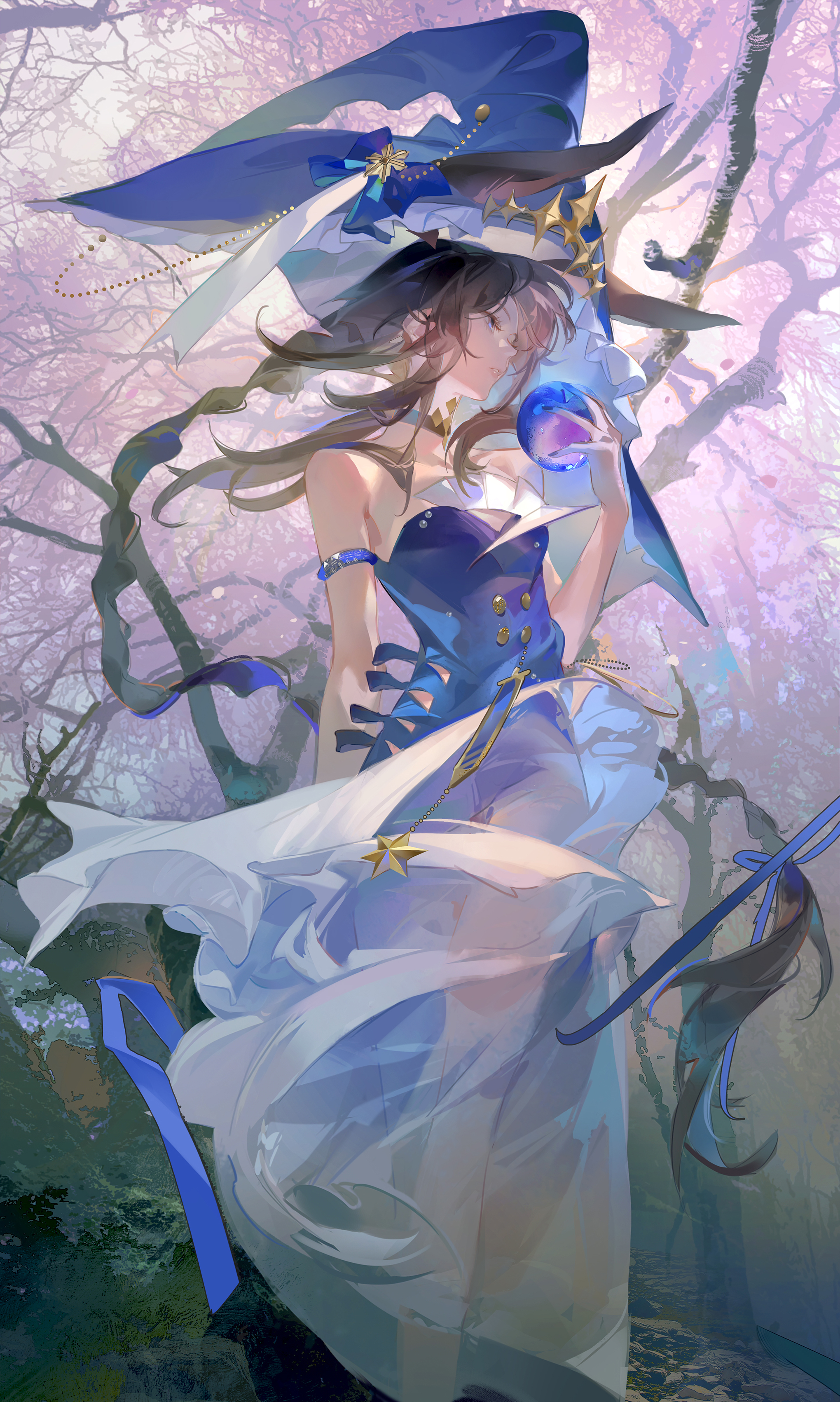 friday xiao xingxing, original, absurdres, highres, 1girl, animal ears, apple, arm strap, blue apple, blue dress, blue eyes, blue hat, bow, brown hair, choker, dress, eyelashes, food, fruit, gradient hair, hat, hat bow, hat ornament, holding, holding food, holding fruit, large hat, lips, long hair, looking afar, multicolored hair, parted lips, solo, standing, strapless, strapless dress, witch hat