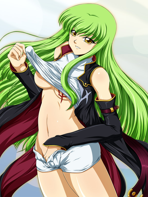 tanan, c.c., code geass, hand in panties, 00s, 1girl, breasts, clothes lift, elbow gloves, female focus, gloves, green hair, large breasts, midriff, navel, no panties, open clothes, open fly, open shorts, panties, scar, shirt lift, shorts, solo, underboob, underwear, undressing, unzipped, yellow eyes